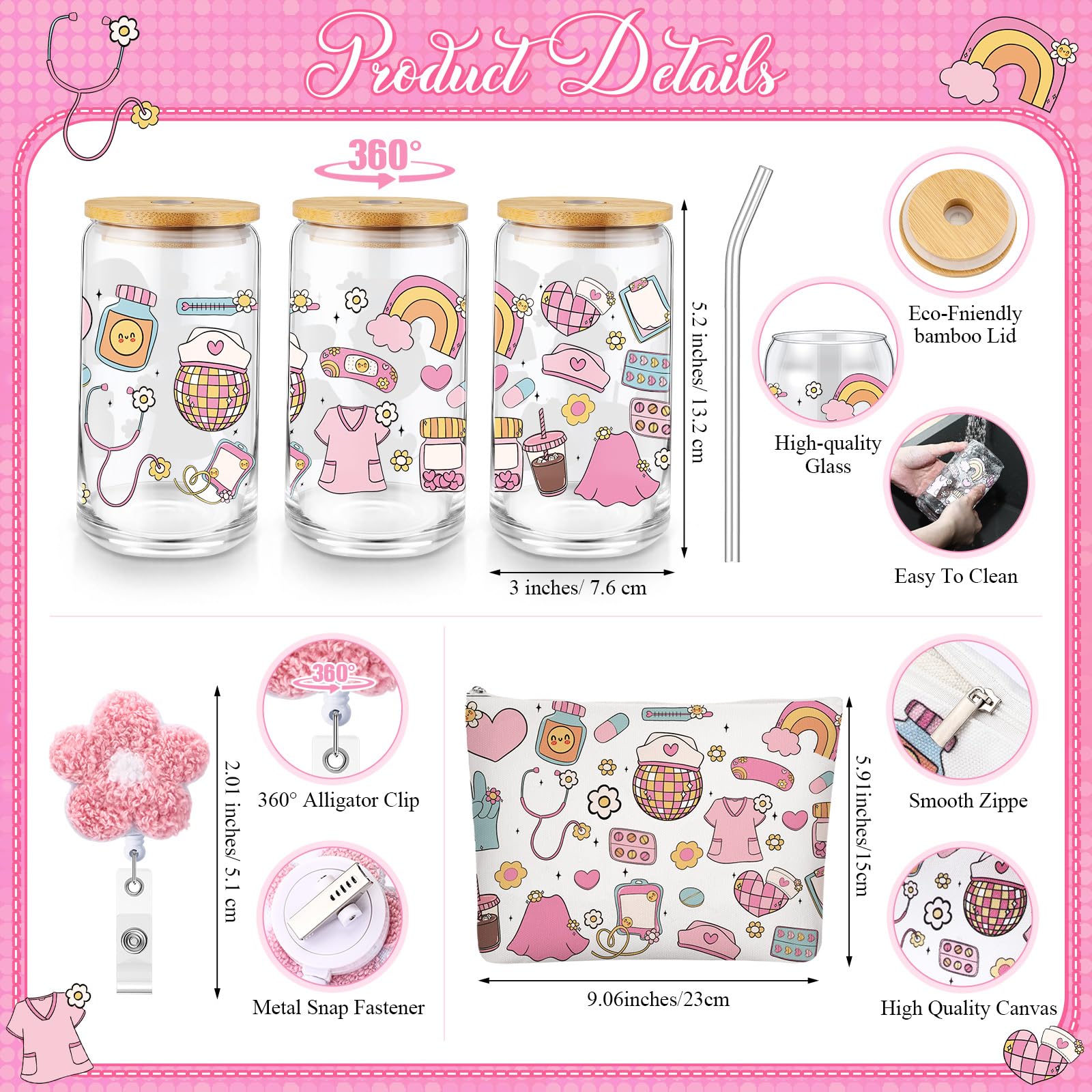 Dunzoom 3 Pcs Nurse CNA Week Appreciation Gifts Set Included Nurse Disco Retro Theme 16 oz Glass Cups with Lid Makeup Bag Badge Reel Gift for Registered Nursing Assistant Nursing Student Graduation