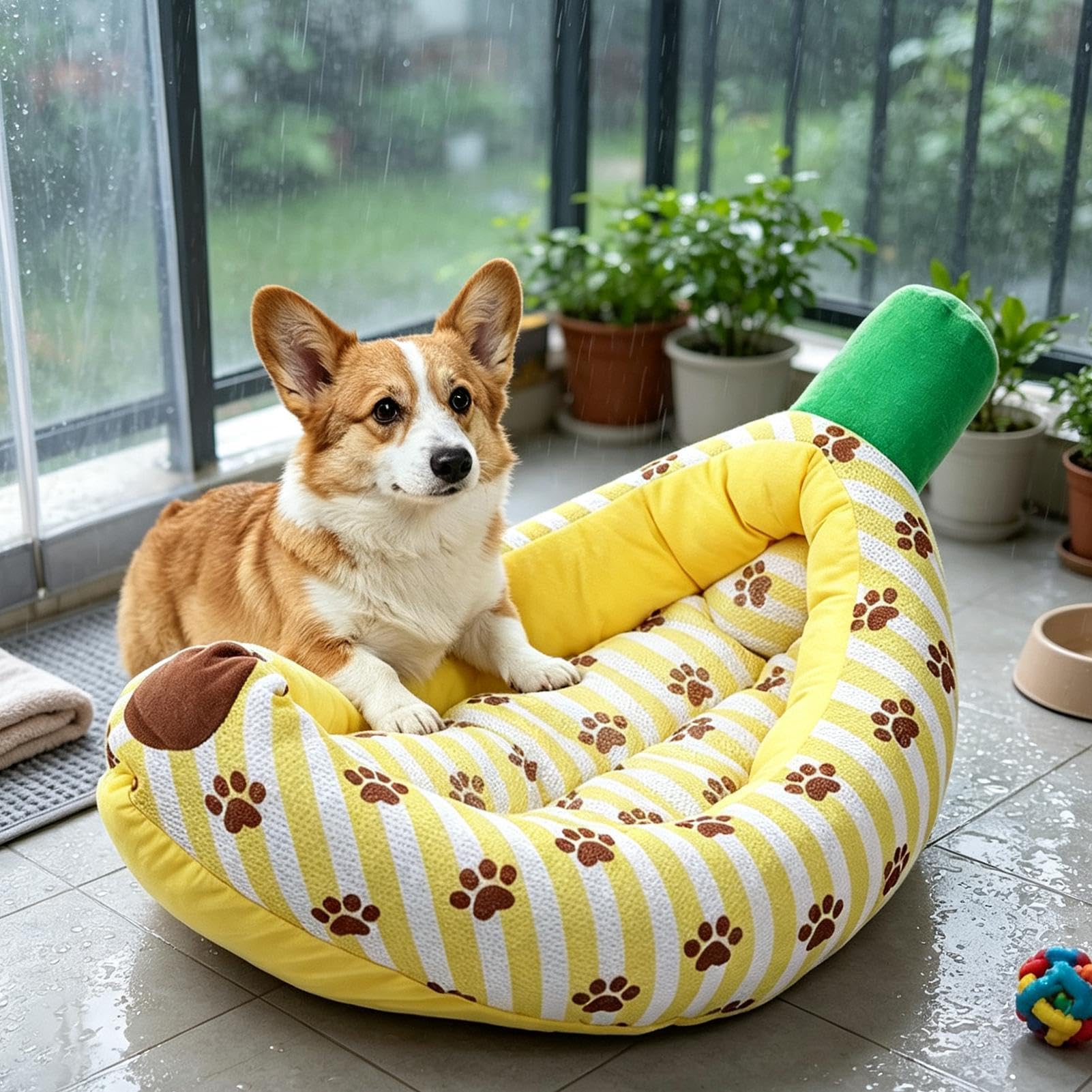 Bonita cama para perro, antideslizante, diseño de plátano, transpirable