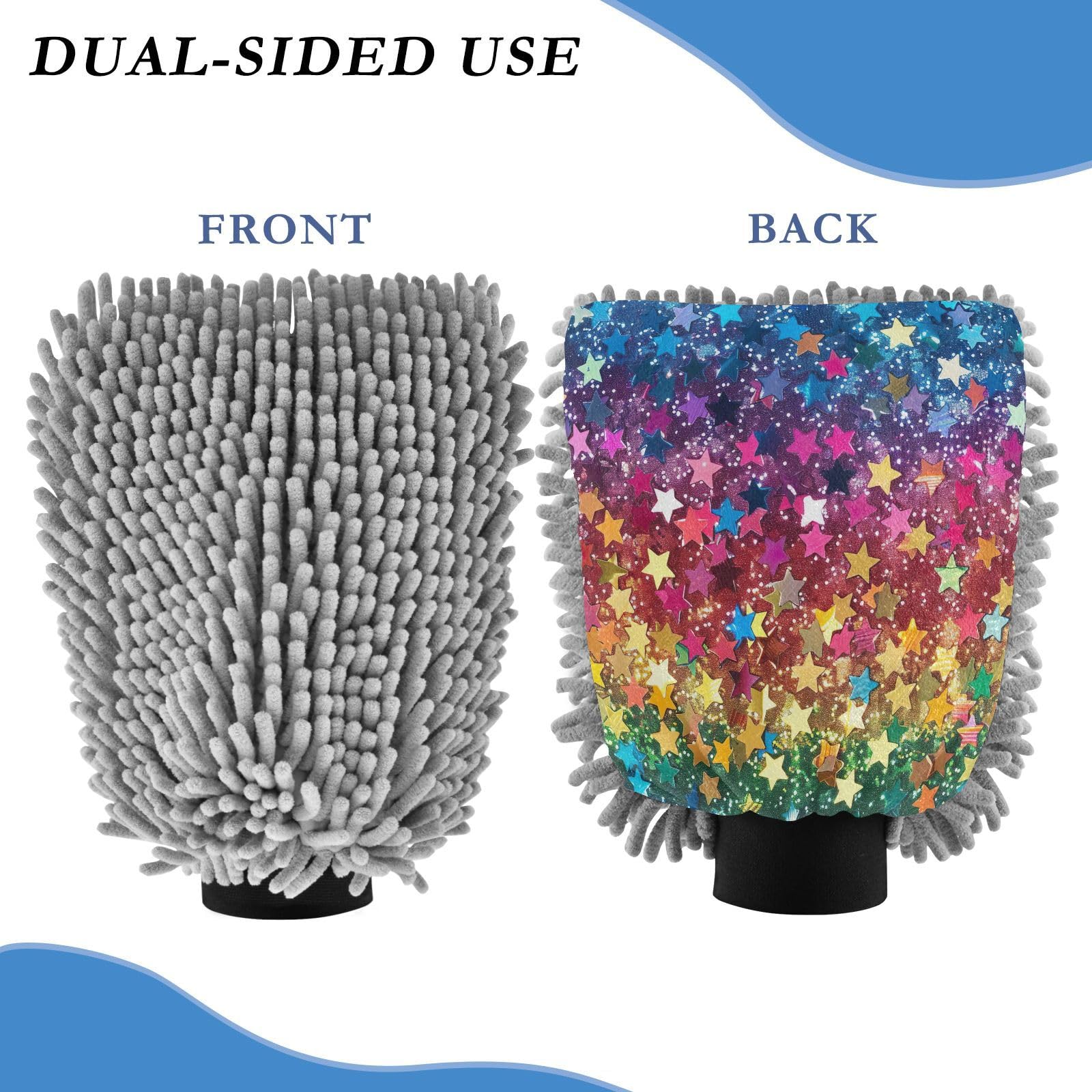 GakkiGii Star Sequin 2 Pack Microfiber Car Wash Mitts, Dual-Sided Chenille Gloves, Scratch-Free for Auto Detailing & Home Cleaning, L