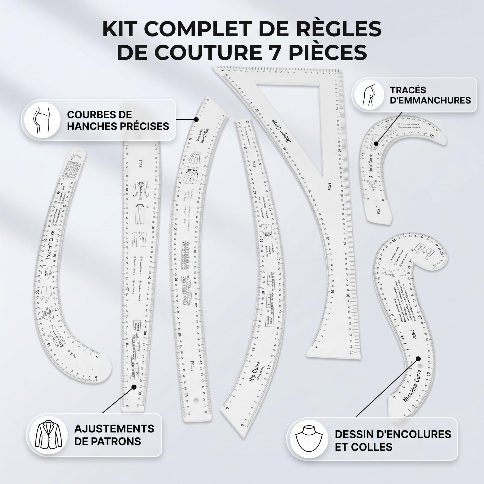 Set di 7 Righelli per Curve Francesi, Strumenti per Design di Modelli di Moda, Righelli per Cucito