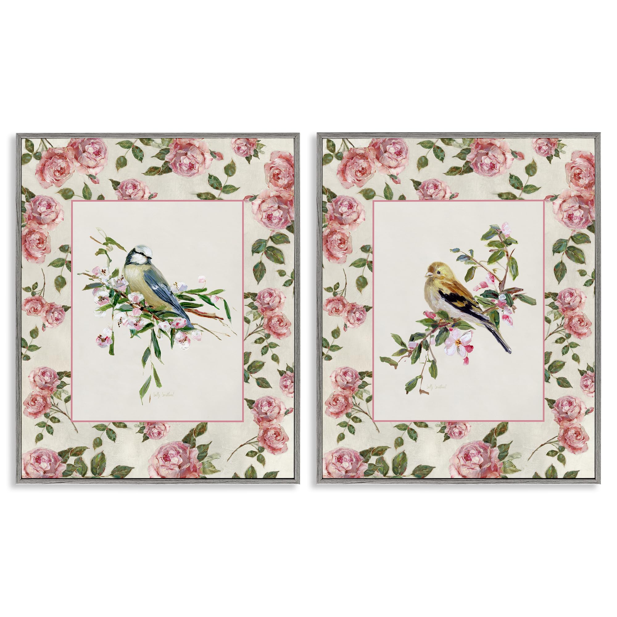 Stupell Industries Dainty Birds And Roses Dainty Roses And Birds Floral, 24 X 30 Inch Framed Giclée Print Set