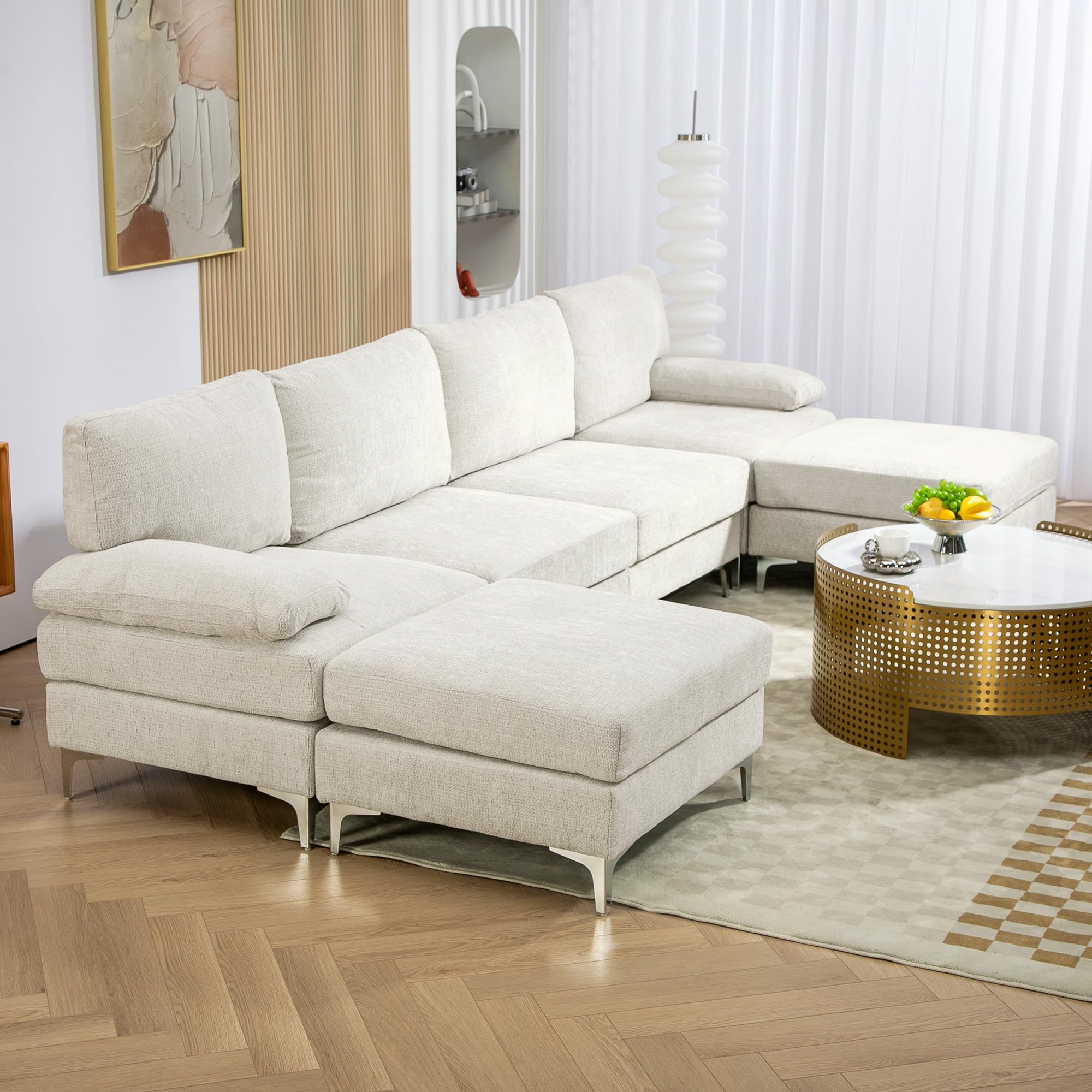 HOMCOM Divano Componibile 4 Posti con Penisola in Ciniglia Crema | 2 Poggiapiedi, Cuscini per Braccioli e Schiena, 313x149x88cm