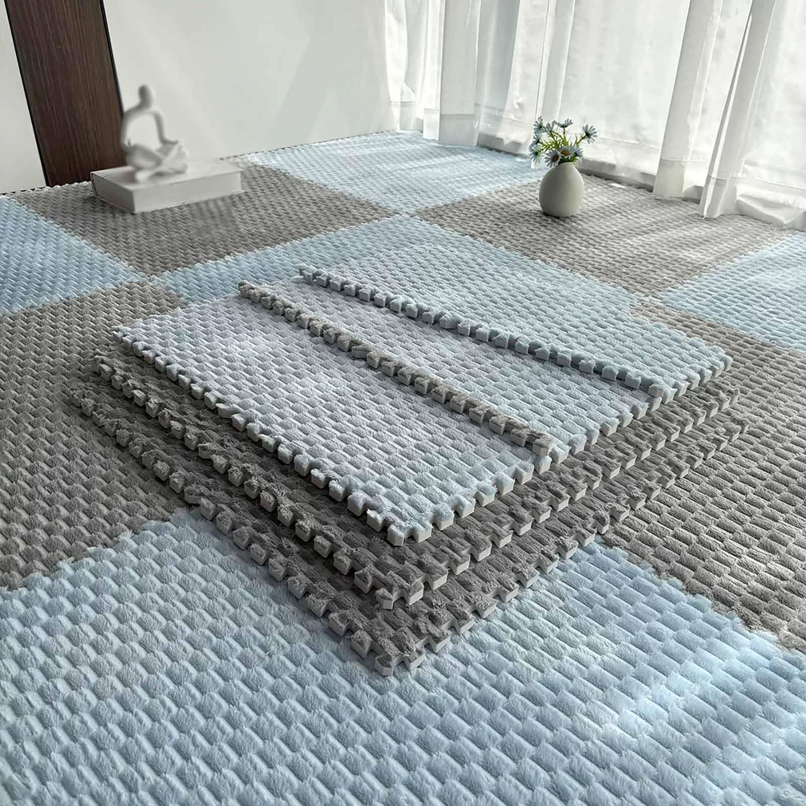 TY&WJ Flannel Interlocking Foam Floor Mats 23.6",Plush Puzzle Carpet Tiles