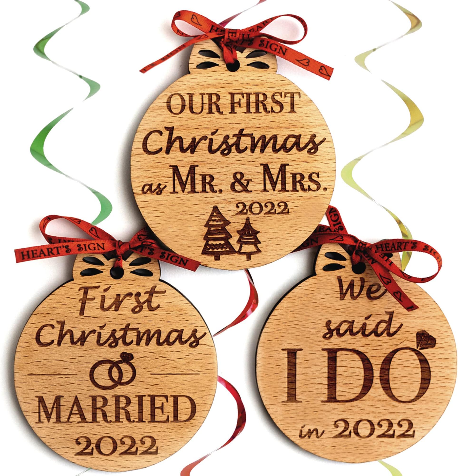 Heart's Sign Our First Christmas Married Ornament 2023 | Set of 3 Wooden Rustic Wedding Ornaments | First Year as Mr & Mrs Xmas Gifts for Newlyweds | Vintage Unique Wedding Gifts for Couples