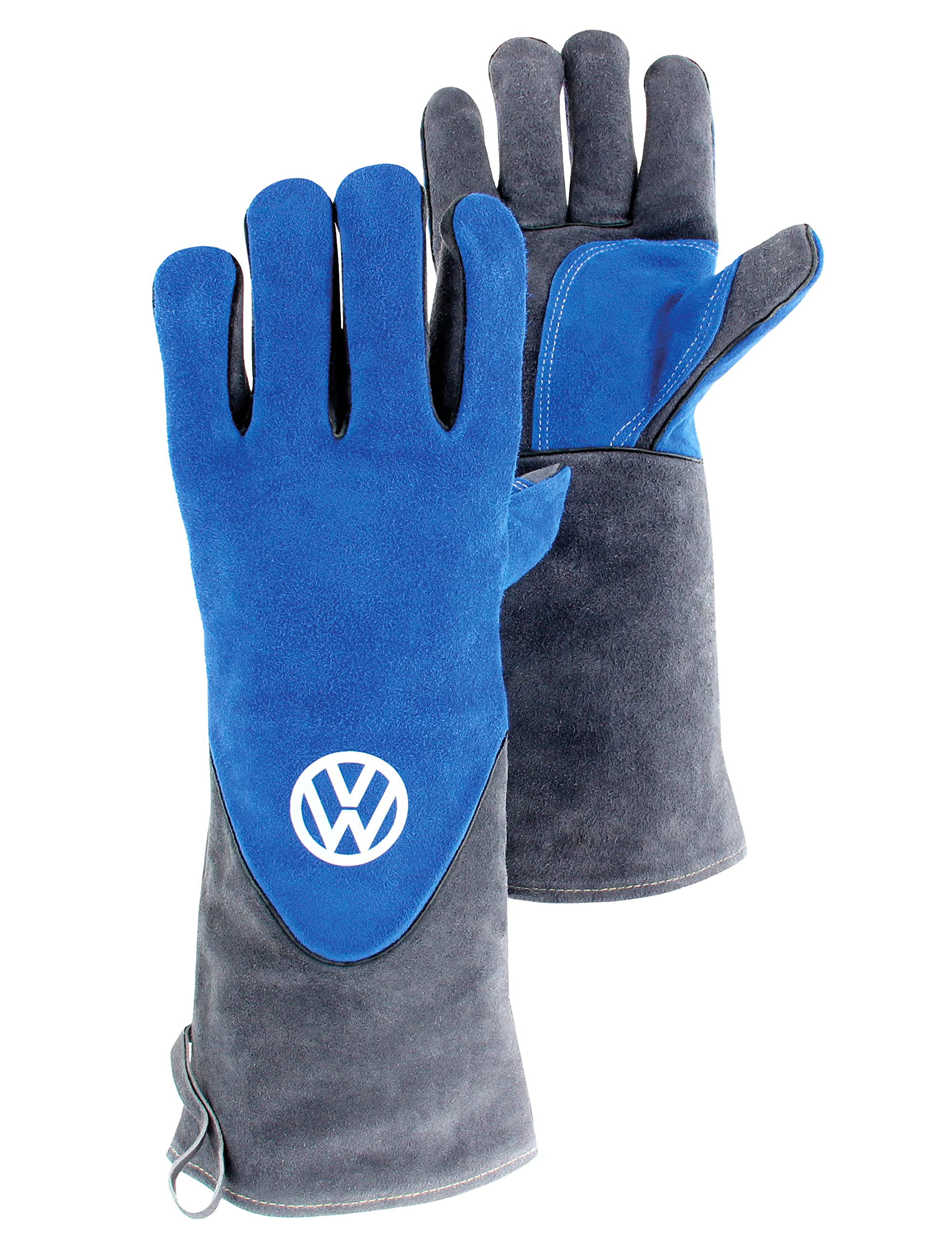 BRISA VW Collection - T1 Bus Pulmino Guanti Barbecue in Pelle Bovina | Volkswagen Protezione Mani e Avambracci per Grill, Resistente al Calore 500°C, Kevlar, Fodera in Cotone, passante, Blu