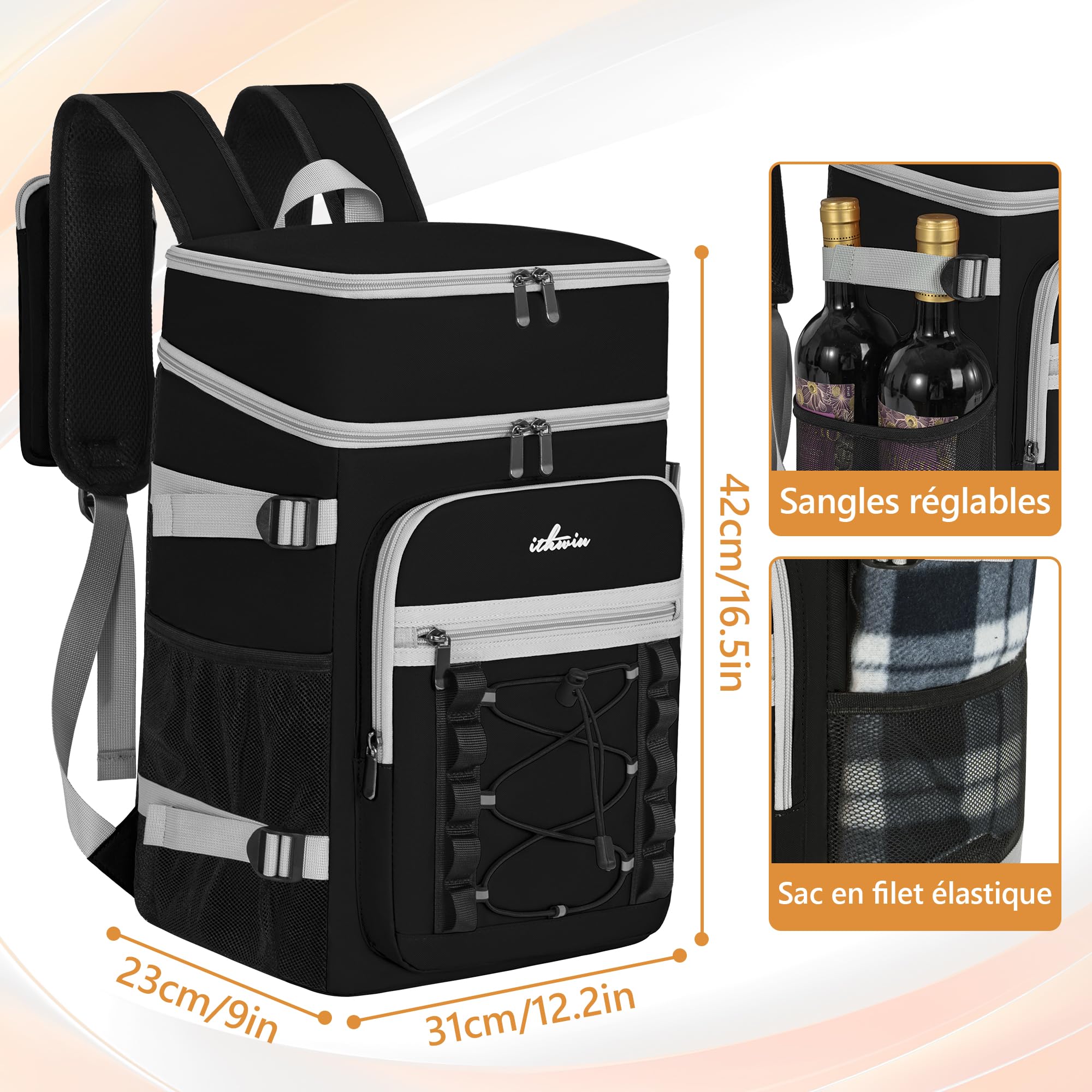 Sac à Dos Isotherme à Double Compartiment – Grande Capacité 28L pour Glacière Souple(Principal 22L + Secondaire 6L), Sac de Pique-Nique à Glacière Portable, pour Les Pique-Niques et Le Camping