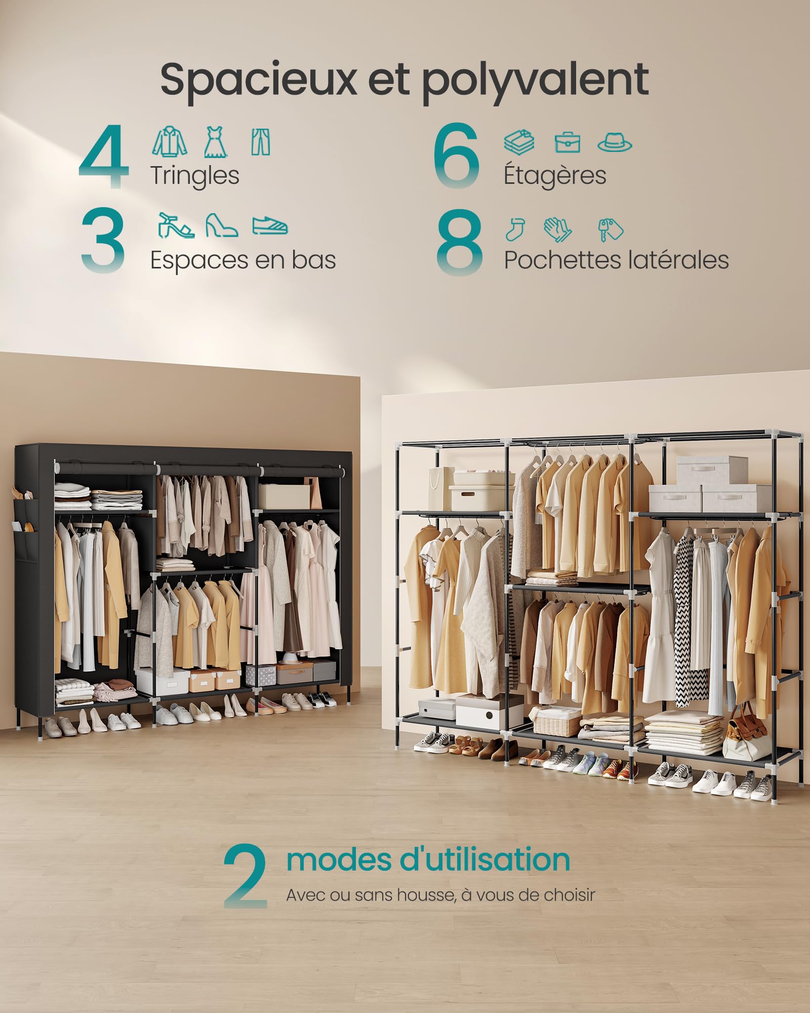 SONGMICS Armoire Chambre en Tissu, Porte-vêtements, Penderie, Étagères, Pochettes, Grande Capacité, 4 Compartiments de Suspension, 45 x 189 x 180 cm, Noir RYG011BZ02