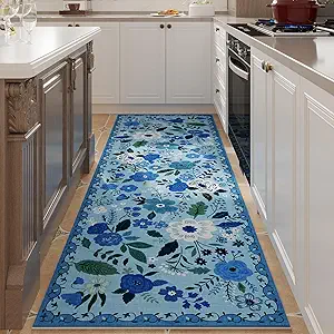 Runner Rug for Hallways Kitchen Rug Non Slip 2'x 6' Washable Runner Rugs with Rubber Backing Soft Floral Carpet Runner for Hallways, Kitchen, Laundry, Bedroom, Bathroom(Blue)