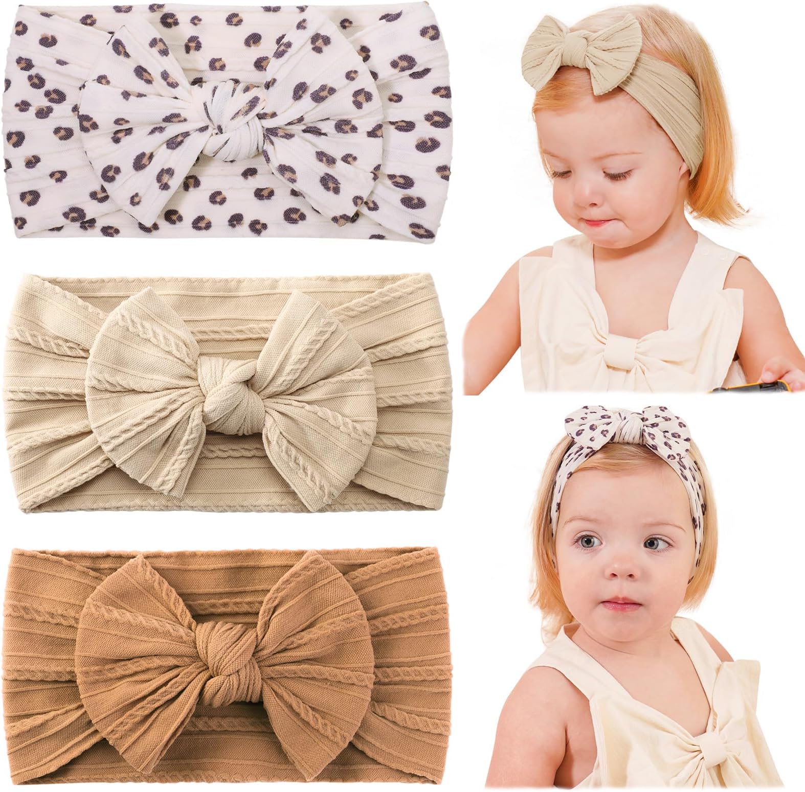 jollybows Baby Girl Headband Bows Nylon Head Wraps Newborn Hairbands Infant Toddler Hair Bow - Khaki Ginger Leopard