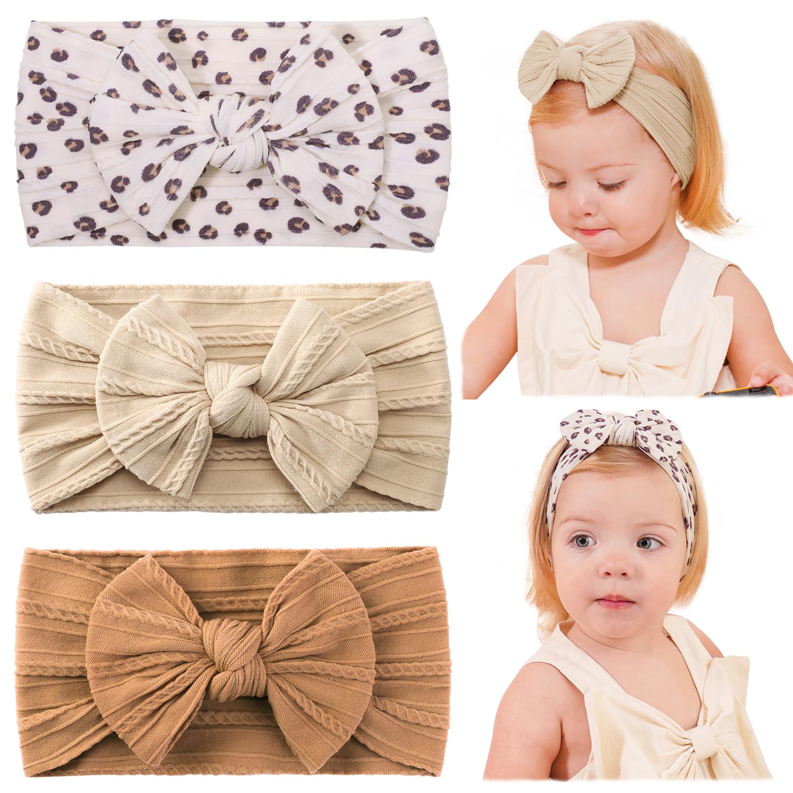 jollybows Baby Girl Headband Bows Nylon Head Wraps Newborn Hairbands Infant Toddler Hair Bow - Khaki Ginger Leopard