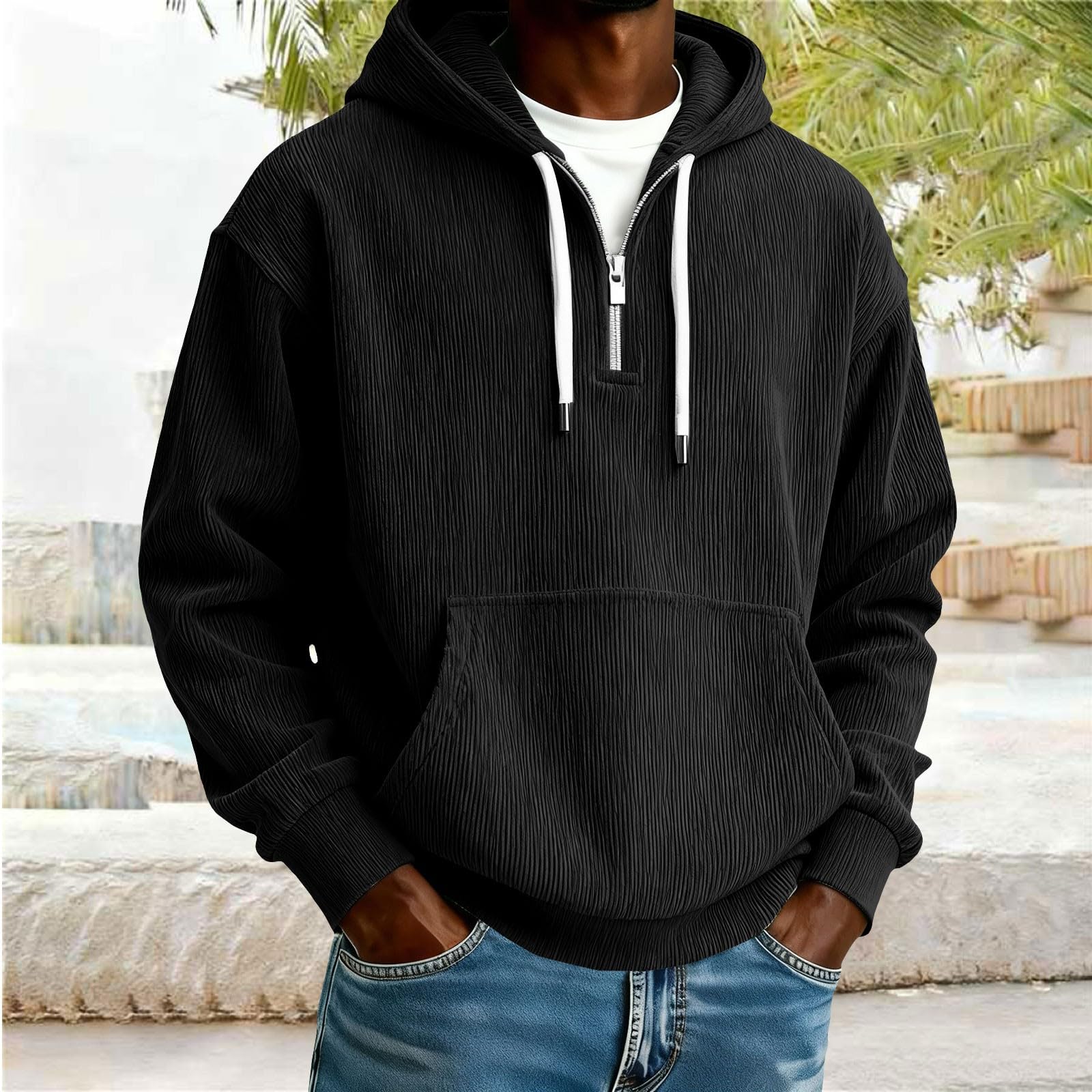 Sudaderas Hombres con Capucha Sudadera De Manga Larga Botones Y Media Cremallera para Hombre, Estilo Casual Otoño E Invierno. Hombre Negra (Black, M) Ropa Ciclismo Deportiva Oversized