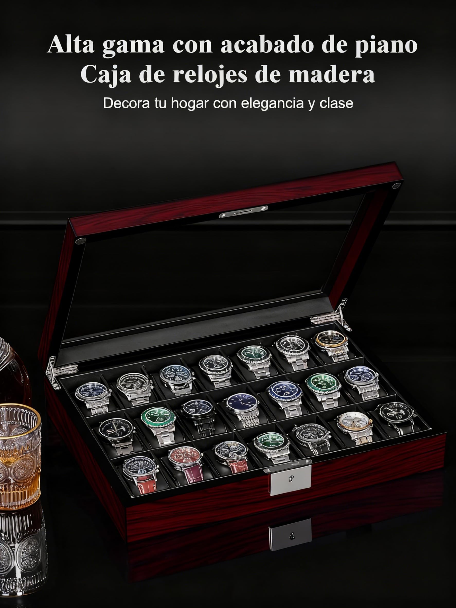 ANWBROAD Caja de relojes con 21 compartimentos, caja de joyería para hombre, con gran tapa de vidrio, vitrina de relojes, organizador de relojes con cierre, lujoso soporte de relojes para regalo