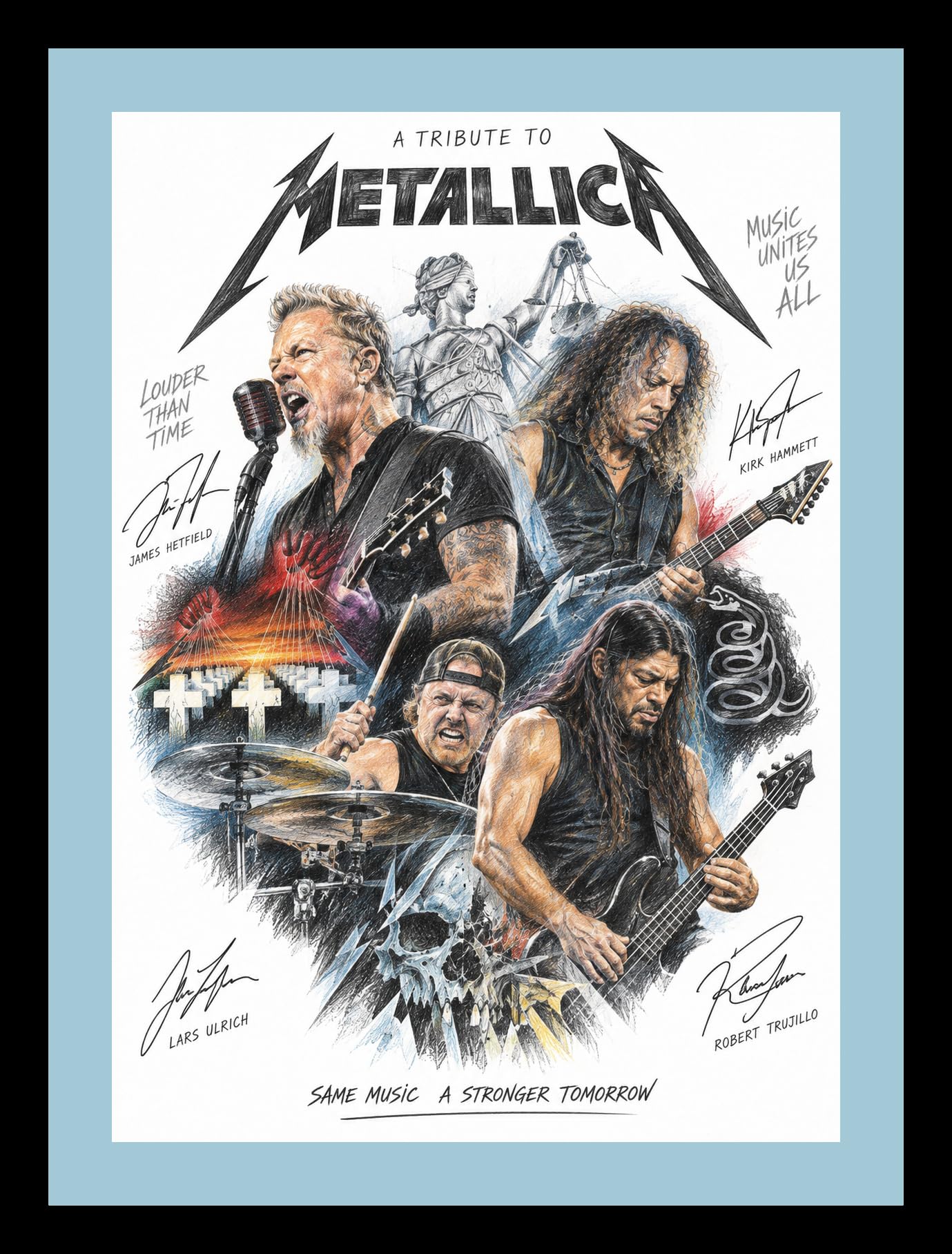 Large A3 (42cm x 29.7cm) Signed Colour Art Print Tribute to Metallica. Print only.