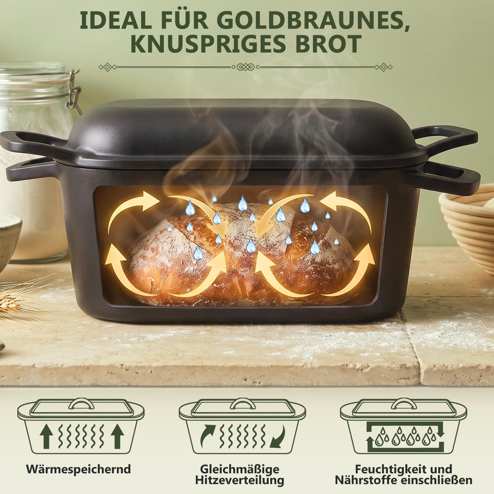 Gusseisen Topf Brot Backen 35cm, Robuste Brotbackform mit Deckel, Gusseisentopf Brotform, Idealer Brottopf Toastbrot Backform