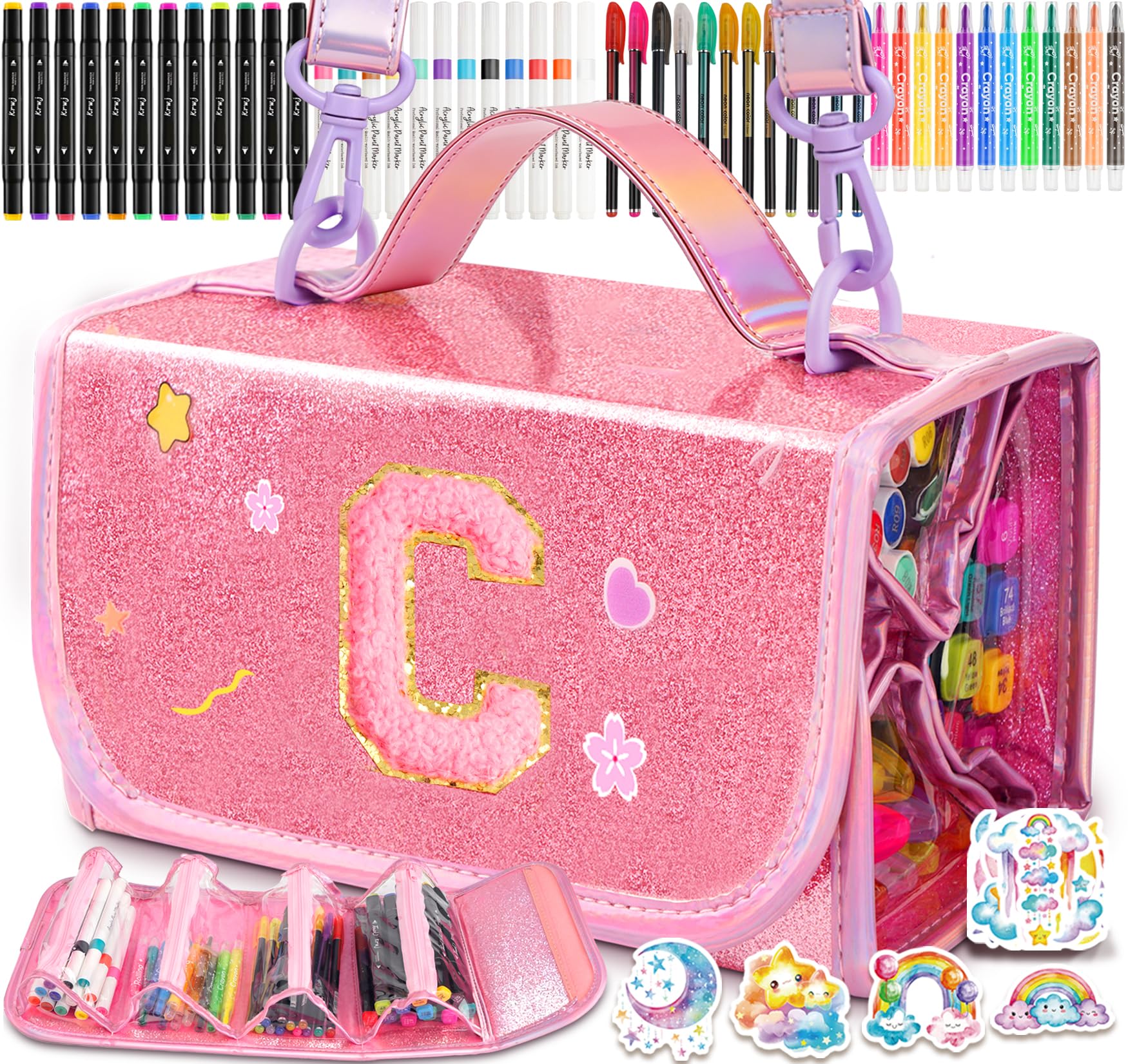 SHXWELL 69 PCS Initial Washable Scented Markers Set with Glitte Pencil Case Shoulder Strap, Personalized Art Supplies and Crafts for Kids Ages 4-6-8, Birthday Gifts for Girls Coloring Markers Set(C)