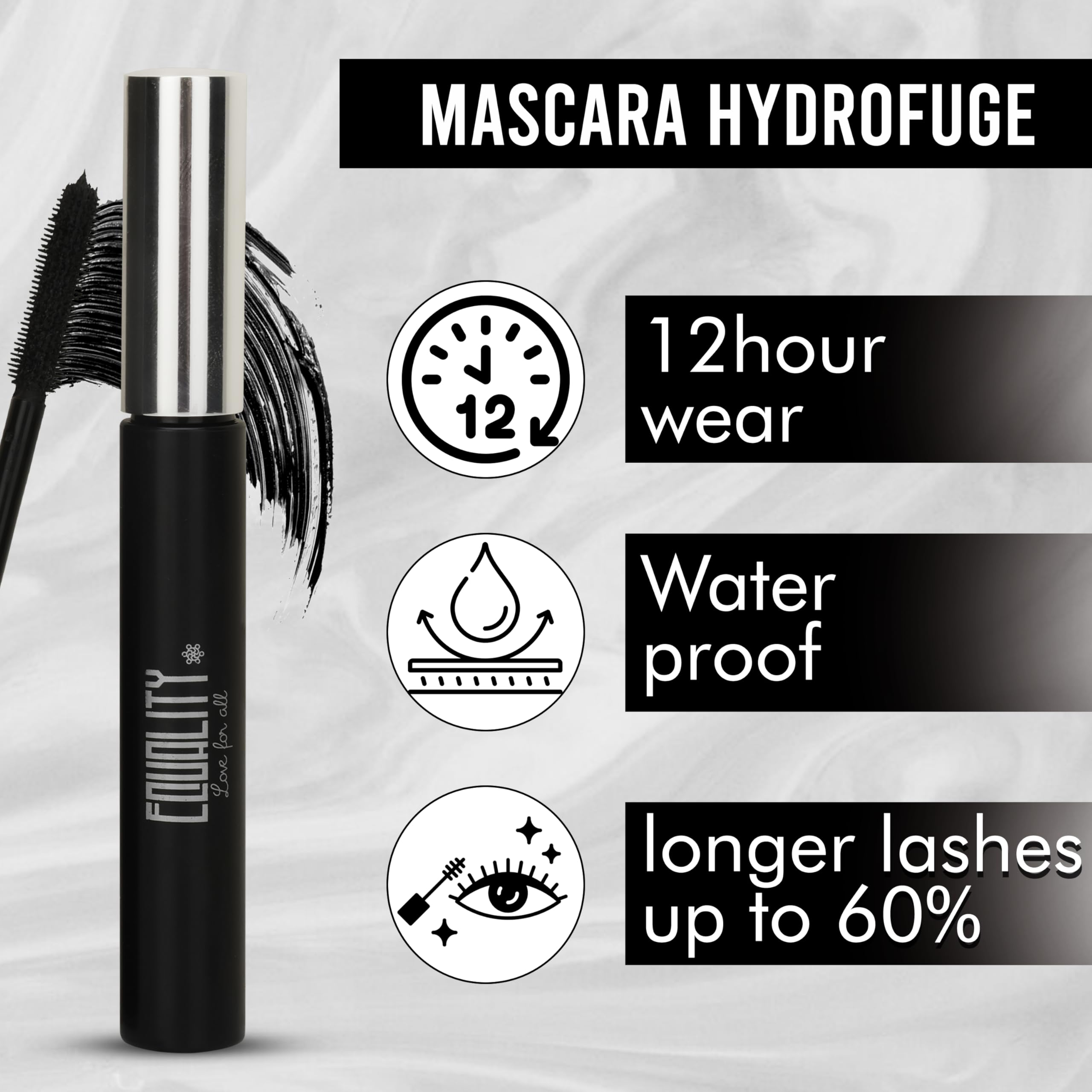 EQUALITY Waterproof mascara, Soothing and Long lasting, 12 hour wear, Longer lashes up to 60% Paraben free, Cruelty free - Black 9.5 g/0.34 oz