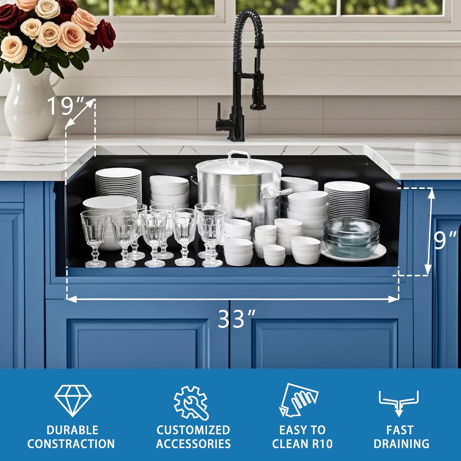 Kitsitchen Black Undermount Kitchen Sink,16 Gauge T-304S Stainless Steel Workstation Sink,33“ x 19"x 9" Large and Deep Single Bowl Kithchen Sink with Practical Accessories