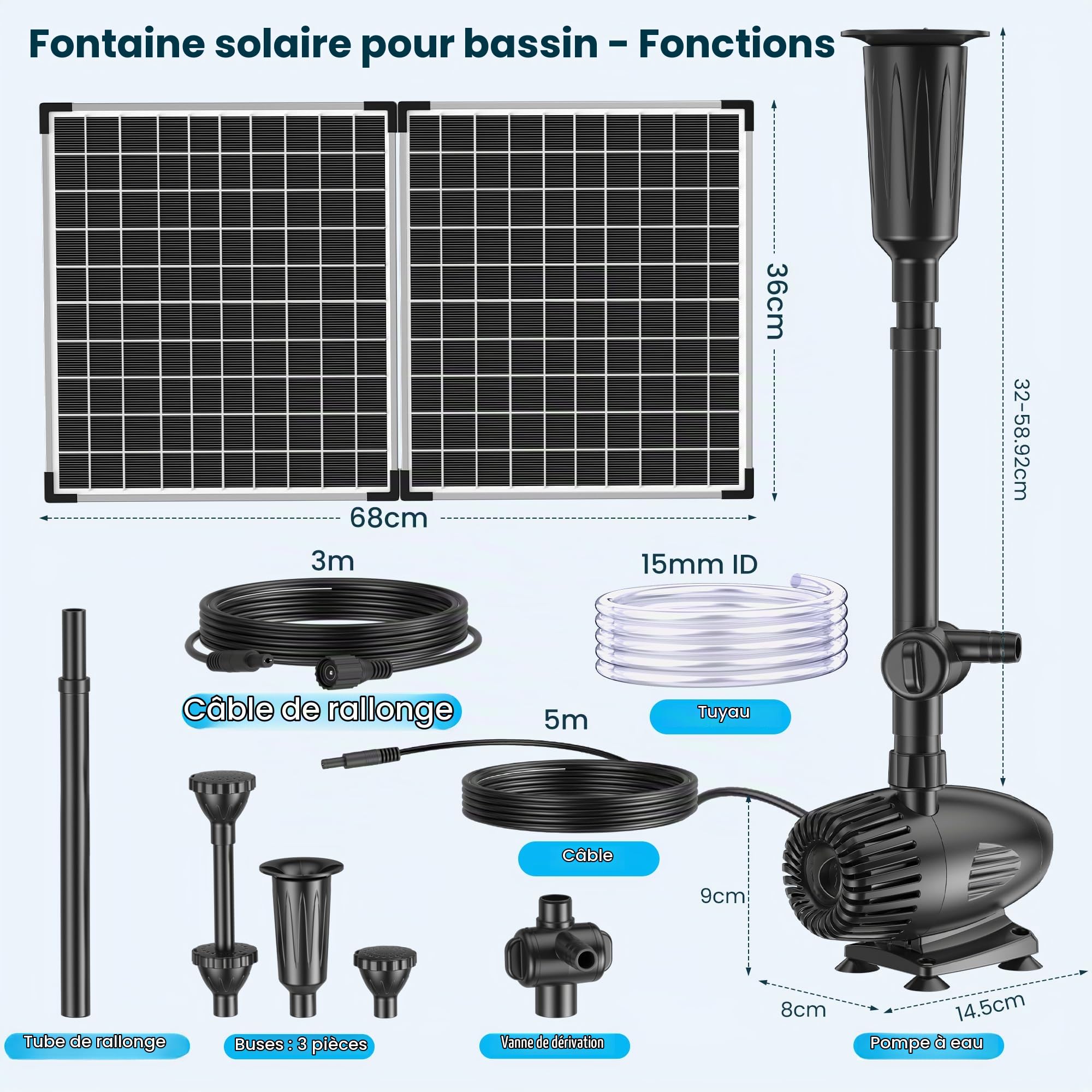 Biling Fontaine solaire d'extérieur 50 W avec 3 buses, 2100 l/h, grande fontaine solaire pour extérieur, grands étangs de jardin, piscine, jeux d'eau commerciaux, cascades, ventilation, débit d'eau