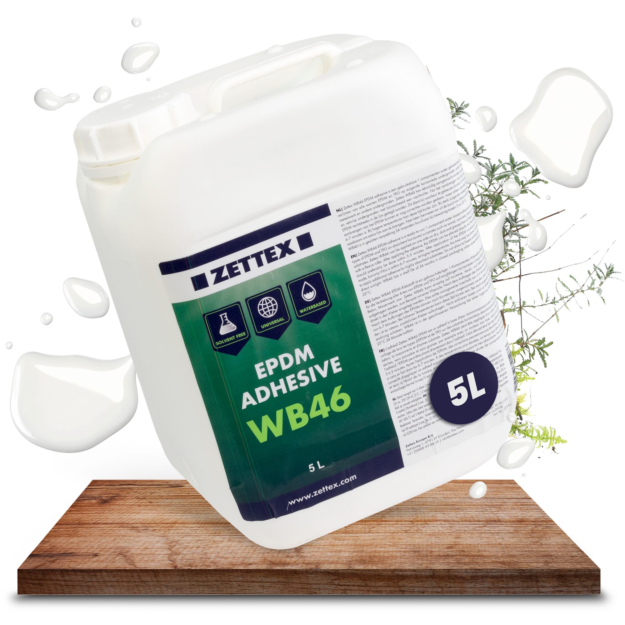 WB46 EPDM Kleber - 5 Liter für bis zu 30m² / Lösungsmittelfrei & wasserbasiert/EPDM Flächenkleber ideal für Holz & Beton Untergründe/EPDM Folienkleber