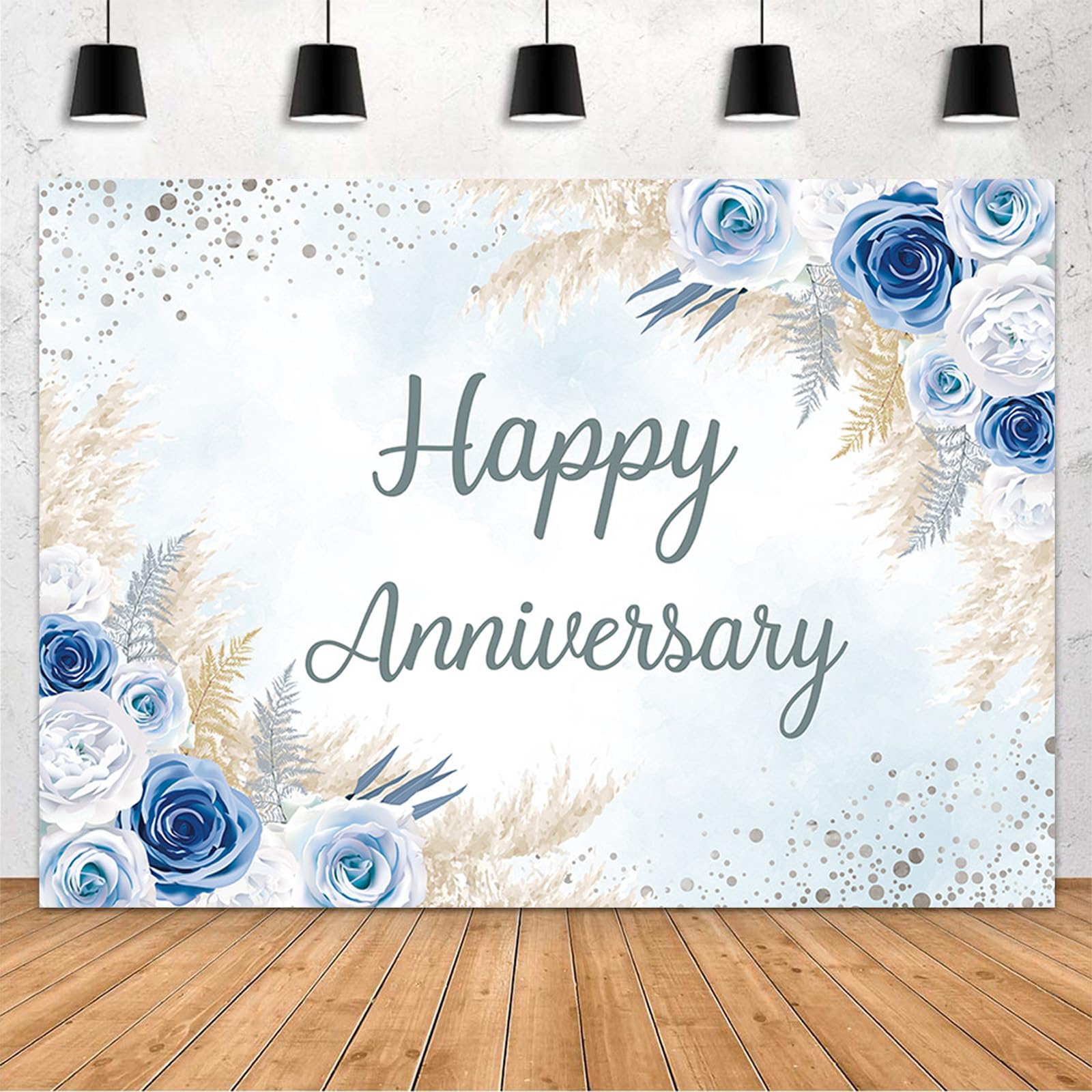 MEHOFOND Boho Happy Anniversary Backdrop Blue Floral Bohemia Pampas Grass Anniversary Banner Cheers to Marriage Wedding Party Decorations Memorial