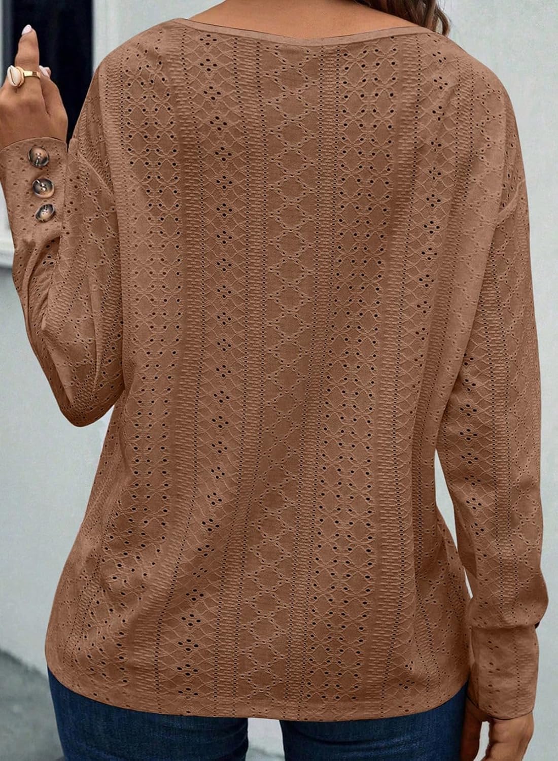 Eytino Plus Size Tops for Women Casual V Neck Long Sleeve Buttons Hollow Out Lace Embroidered Blouses Shirts(1X-5X) - Image 2