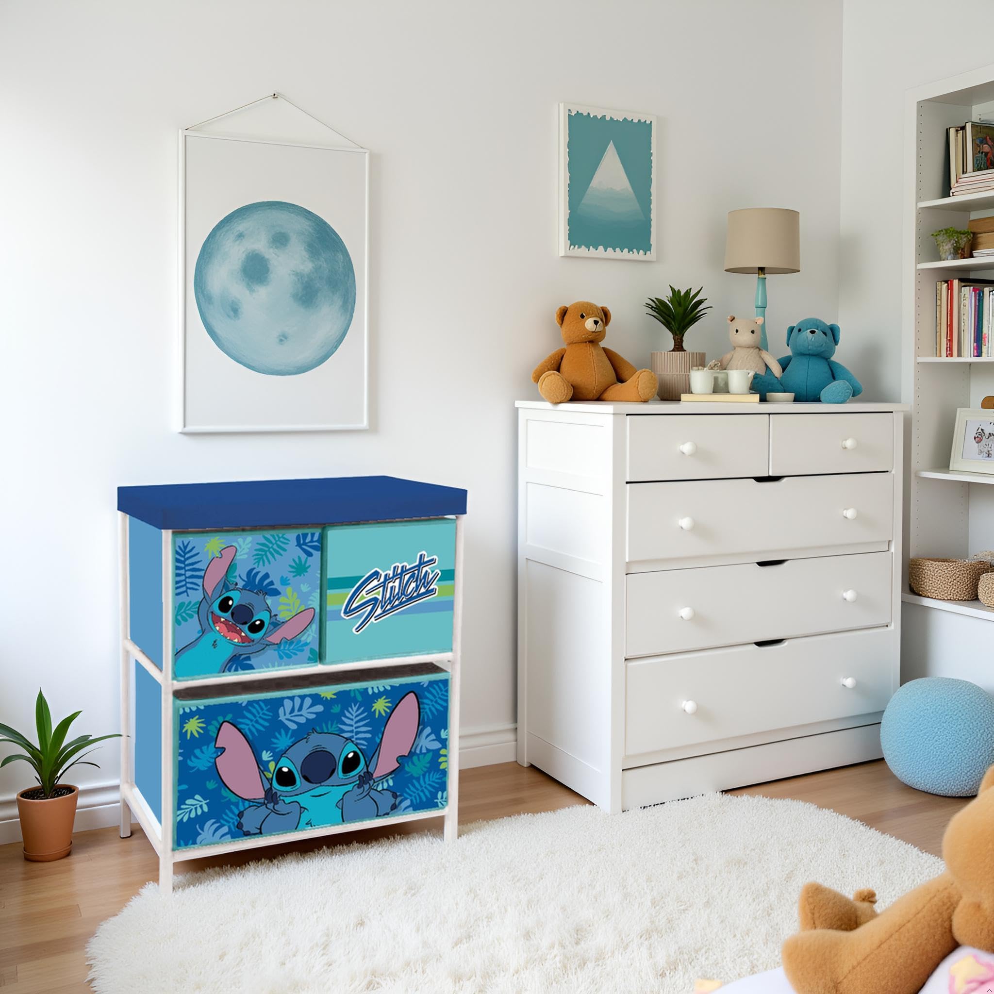 ARDITEX - Étagère pour Enfants avec 3 bacs en Tissu de Disney Stitch - Structure en métal et bacs en Polyester - 53x30x60 cm - Bleu