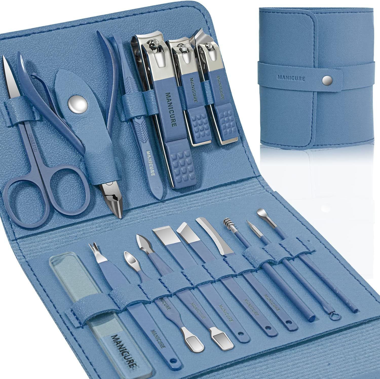 Excefore Manicure Set, Professional Nail Clippers Pedicure Kit, Stainless Steel Nail Care Tools, Grooming Kit with Luxurious Travel Leather Case for Thick Nails Men Women Gift (16PCS, Blue)