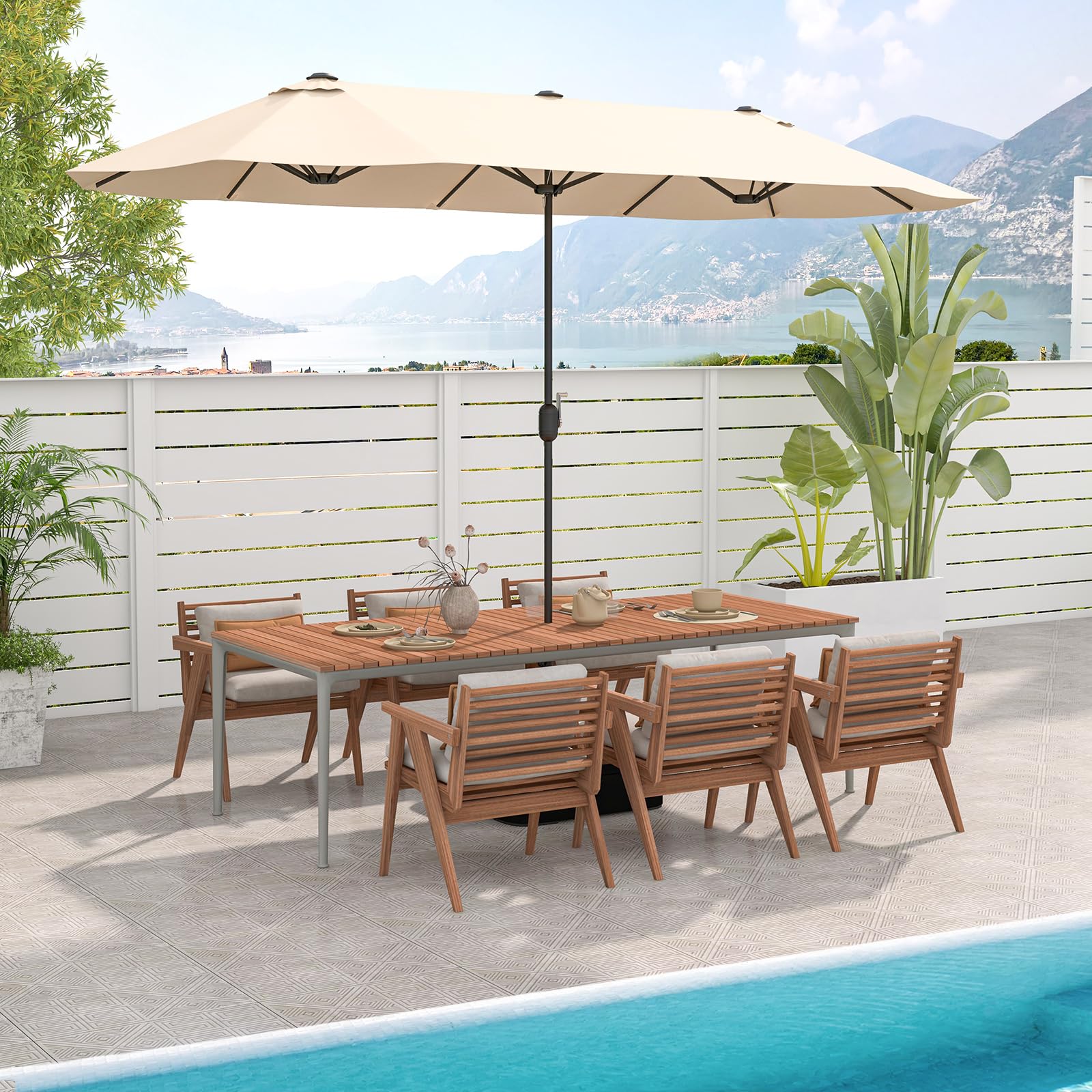 GYMAX Ombrellone Doppio da Giardino con Base, 4 x 2 m, con Manovella e Ventilazione, Ombrellone da Tavolo Extra Grande per Area Piscina, Terrazzo e Cortile