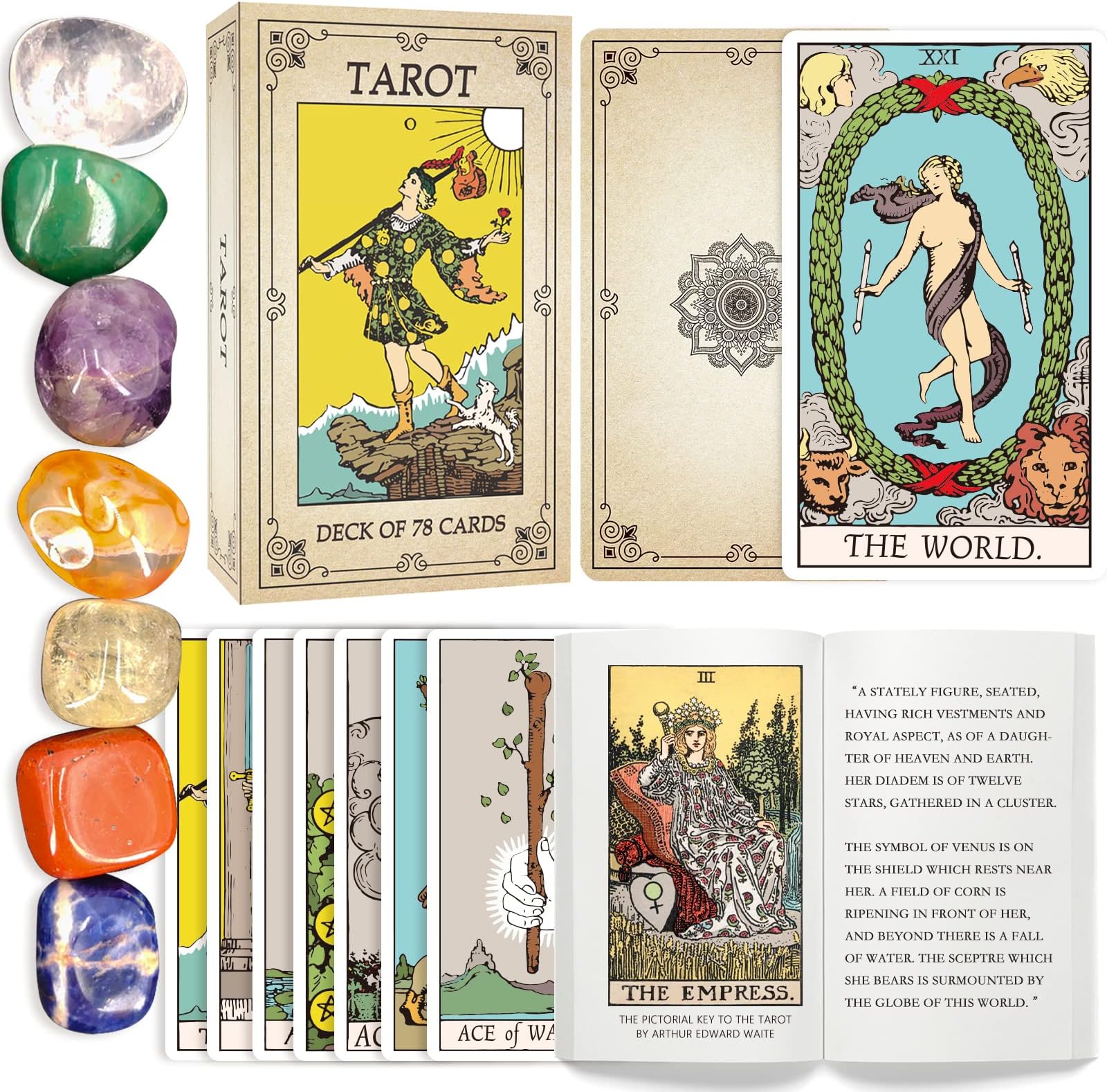 78 Tarot Cards with Guide Book and 7 Chakra Stones, Tarot Deck Cards for Beginners Expert Readers, Witch Spiritual Christmas Xmas Gifts for Women(Gold)