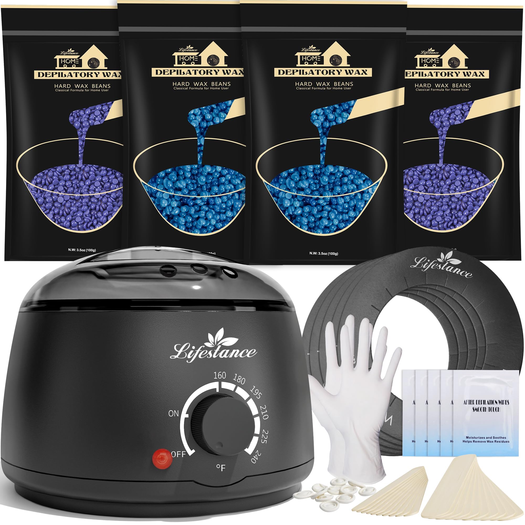 Lifestance Kit Chauffe Cire Avec 45 Accessoires 400g Epilation Cire Perles Avec Formule de Lavande pour Corps, Jambes, Visage, Aisselles, epilation Maillot