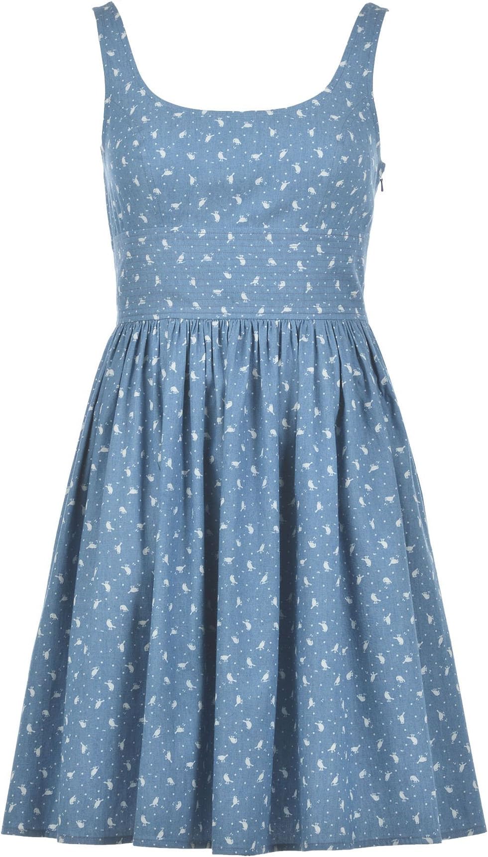 eShakti Women's Bird Print Trapunto Waist Chambray Denim Dress