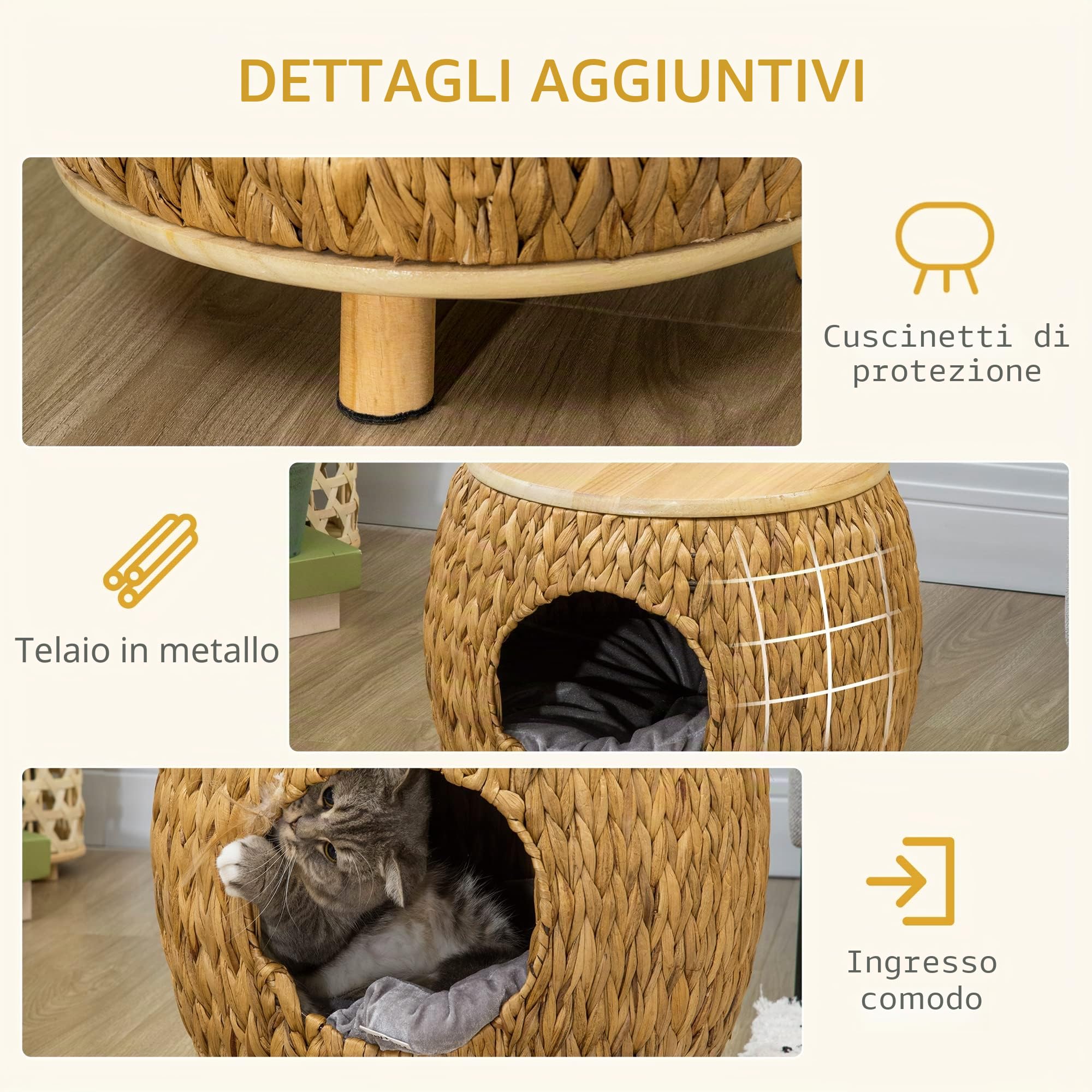 Pawhut grotta per gatti in rattan design 2 in 1 cesto per gatti con cuscino letto per gatti rifugio per gatti letto per animali domestici giacinto d'acqua erba paulownia legno marrone chiaro+grigio 44