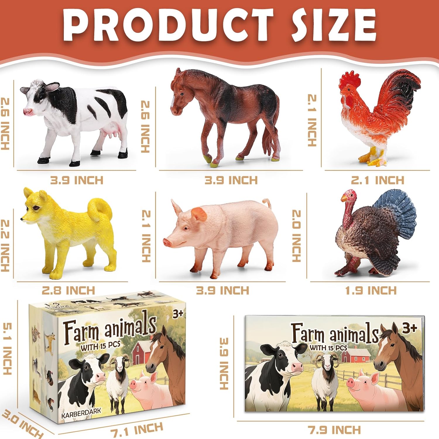 15 Pcs Farm Animal & 13 Wild Animals Toy Set with Educational Booklet and Gift Box, Realistic Plastic Farm Animal Figures Set for Kids, Farm Playset Animals Party Favor, Cake Topper, Birthday for Todd