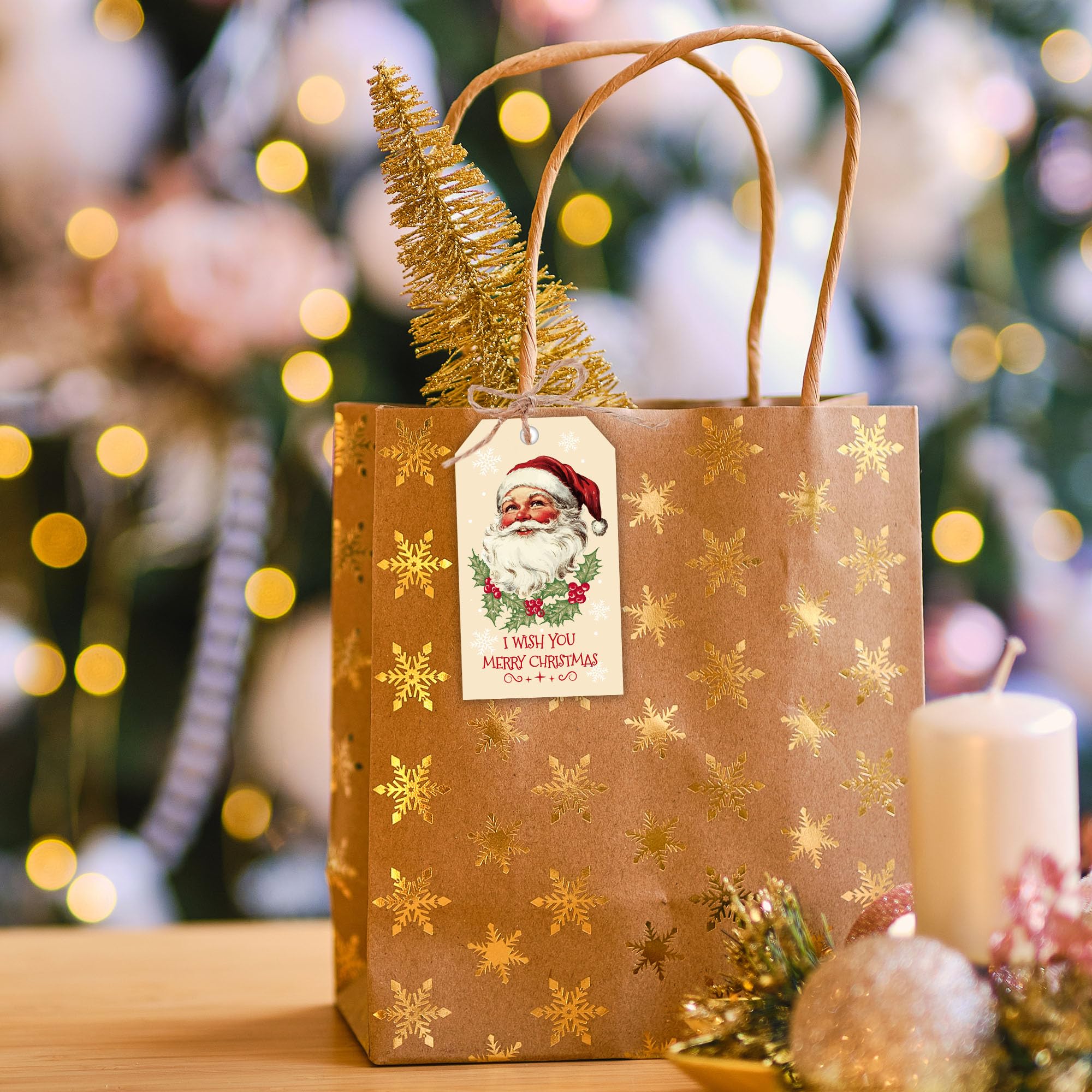 C17 Geschenketiketten aus Papier mit Schnur, 5,1 x 8,9 cm, Stechpalmenbeeren, Weihnachtsmann-Papieranhänger, 50 Stück