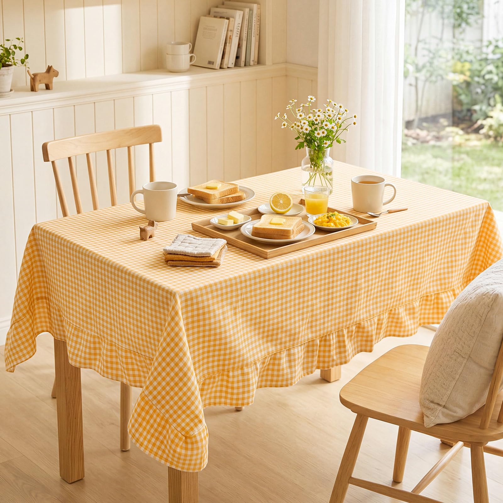 Mindsoft Plaid Ruffled Table Cloth Cotton Linen Fabric Checkered Gingham Tablecloth Farmhouse Vintage Buffalo Plaid Decorative Table Cover for Dining Room Party(52 x 70 Inches,Yellow)