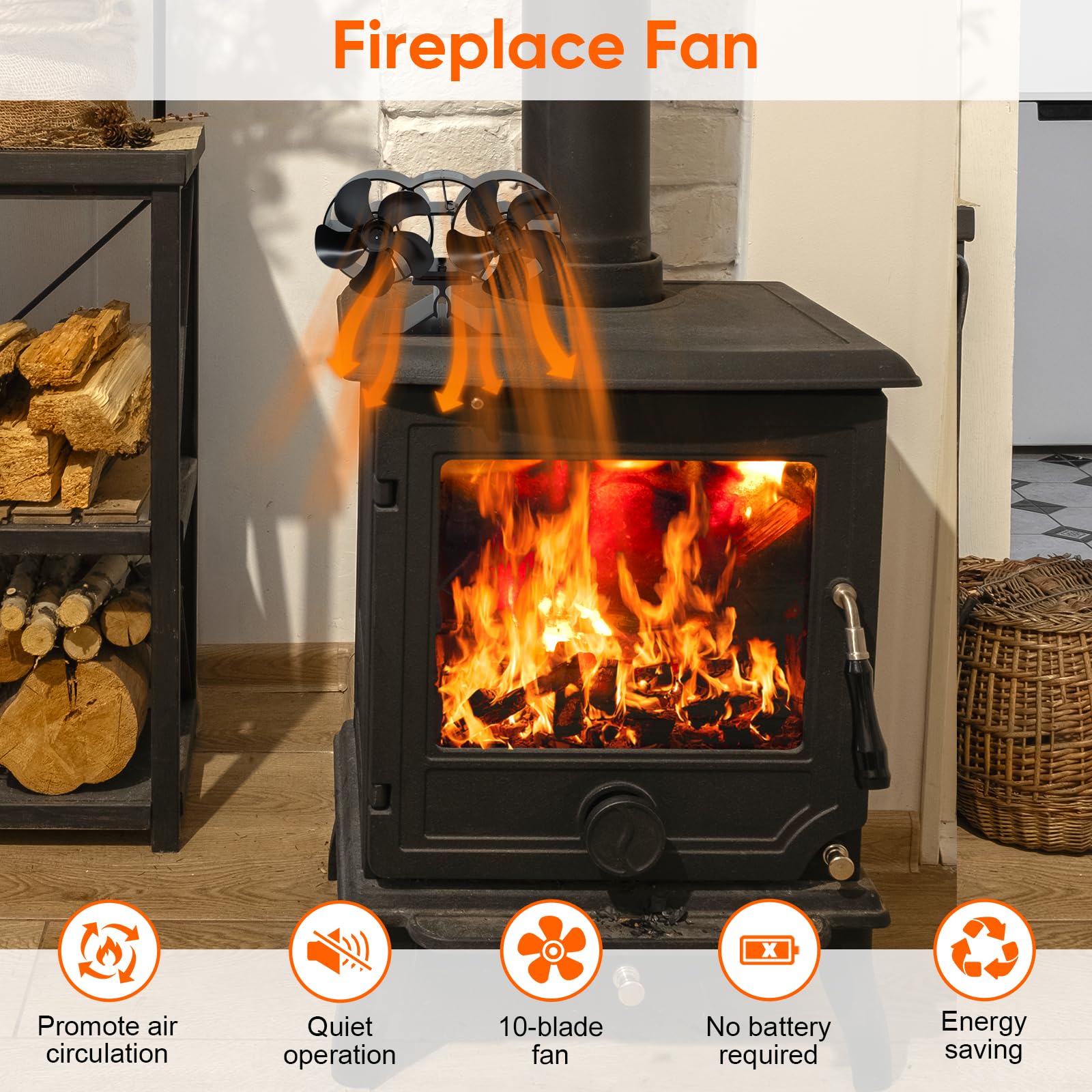 Ventilateur Poele à Bois 6 Pales avec Thermomètre, Ventilateur de Cheminée Alimenté Par la Chaleur pour Poêle à Bois/Cheminée/Gaz/Bûche (Grand)