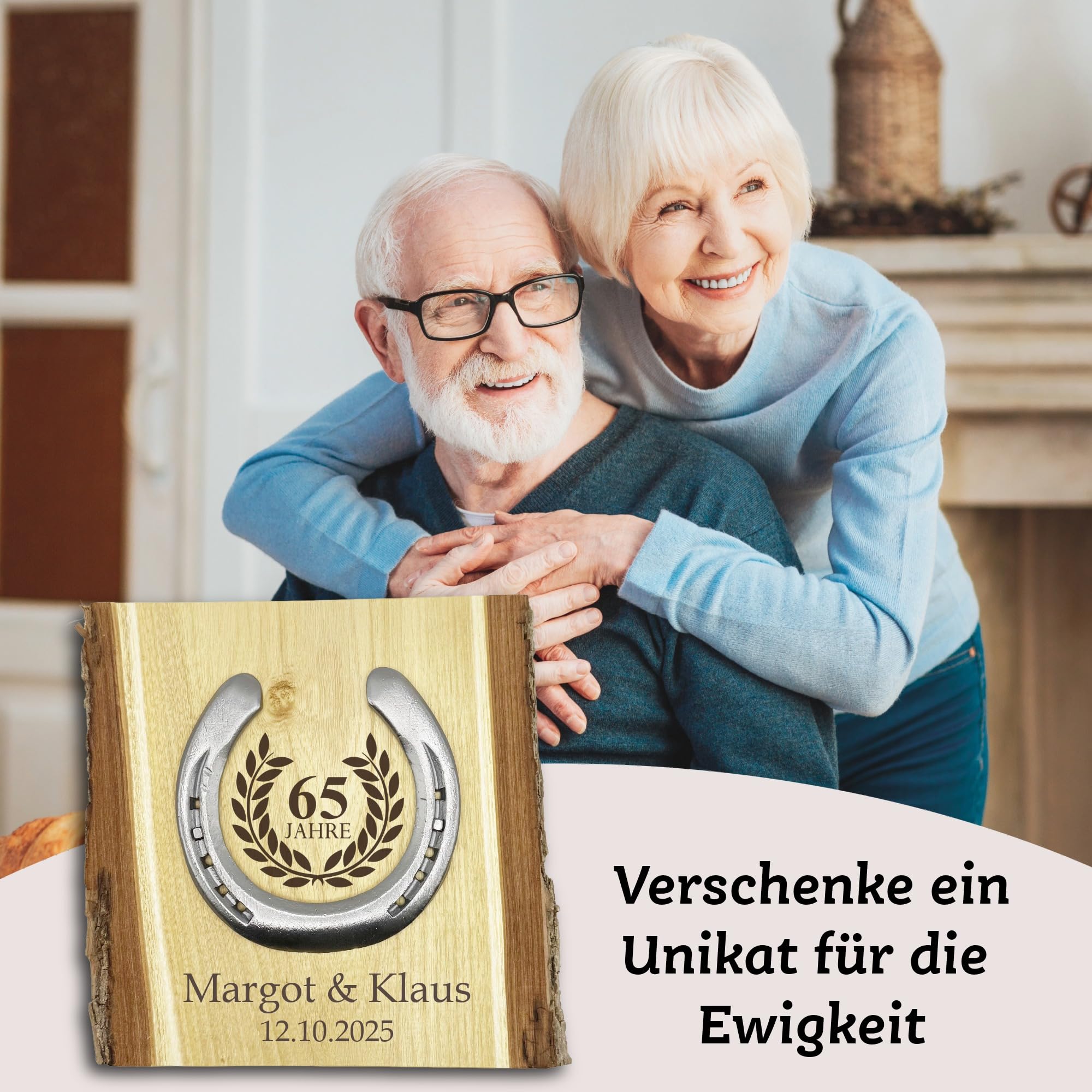 Glückshufeisen Holz, Eiserne Hochzeit 65 Jahre, personalisiert