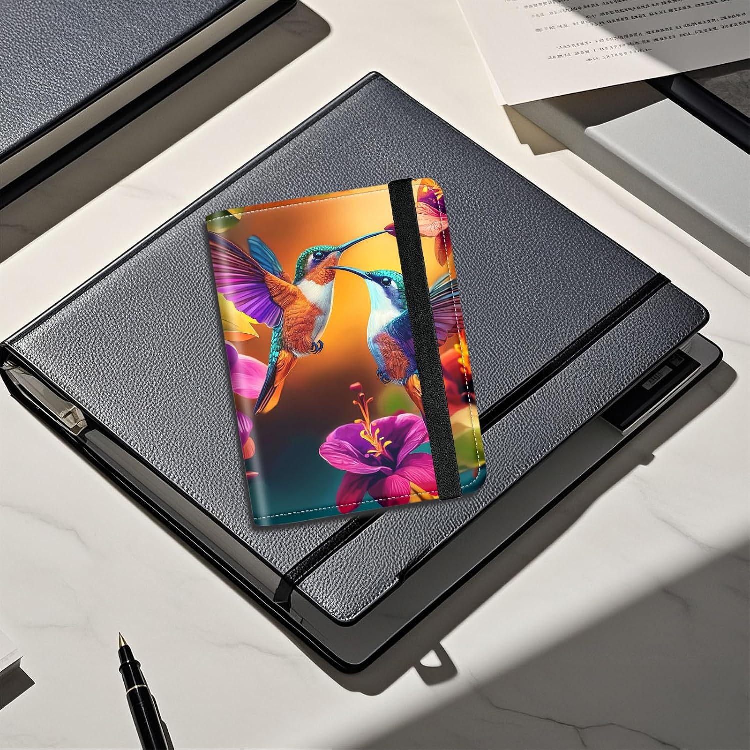 Passport Holder RFID Blocking Cover Wallet PU Leather Card Case Travel Accessories with Clear Slot for CDC Card,Slim Passport Cover for Women Men,Hummingbirds Flowers