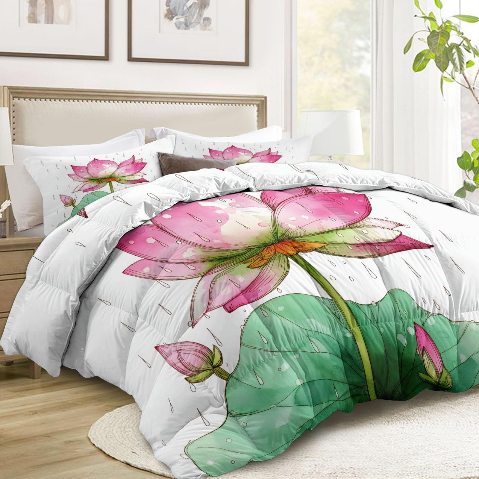 Kołdra 200 x 220 cm Nadruk Rośliny Lotos Deszcz 4 pory roku dla łóżka 2-osobowego, można prać w pralce, biała kołdra - lekka dwustronna kołdra - bez poszewek z 2 poszewkami na poduszki