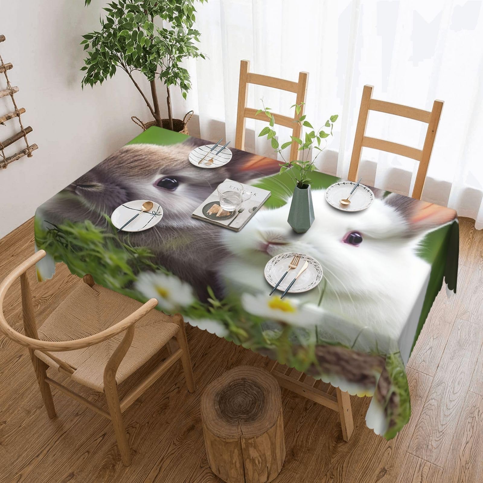 Nappe rectangulaire résistante aux taches et aux plis en polyester Two Little Cute Rabbits lavable