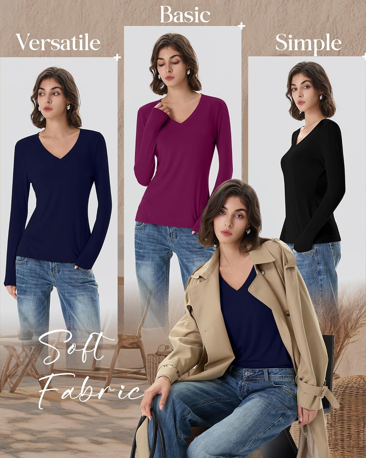 Riyiper 3 Pack Women's V Neck T-Shirts Long Sleeve Casual Tops Regular Fit Fall Layer Shirts Straight Hem Plain Winter Tees(Fuchsia, Navy Blue, Black,Large) - Image 2