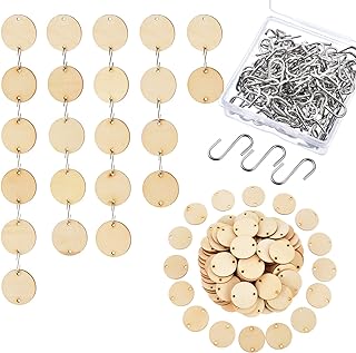 Hicarer Pack of 100 Christmas Wooden Tags with 2 Holes Round Wooden Discs and 100 Pieces S Hook Connectors for Birthday Boards, Chore Boards and Crafts
