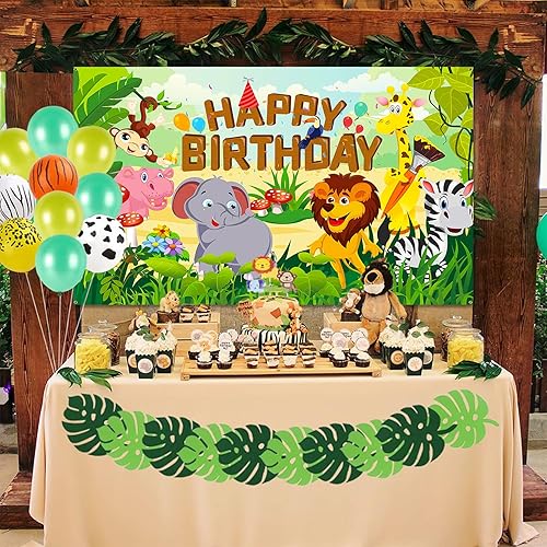 Miniatura 5 de HOWAF Cartel de tela de feliz cumpleaños para decoración de fiestas temáticas de animales de la selva, decoración de fondo de pared para niños,