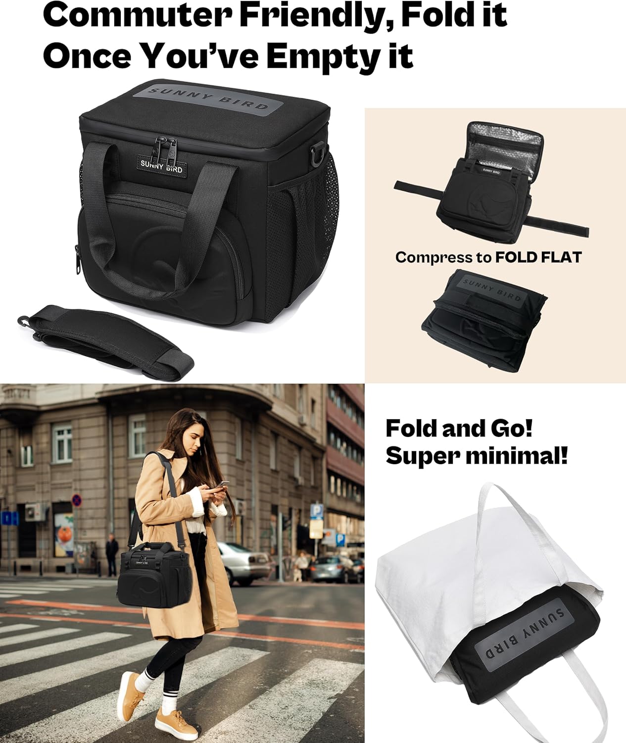 SUNNY BIRD 12L Large Insulated Lunch Bag, Leakproof and Foldable Lunch Cooler Box for Women Adult and Men, Fits 18 Cans (Black 01) - Image 2