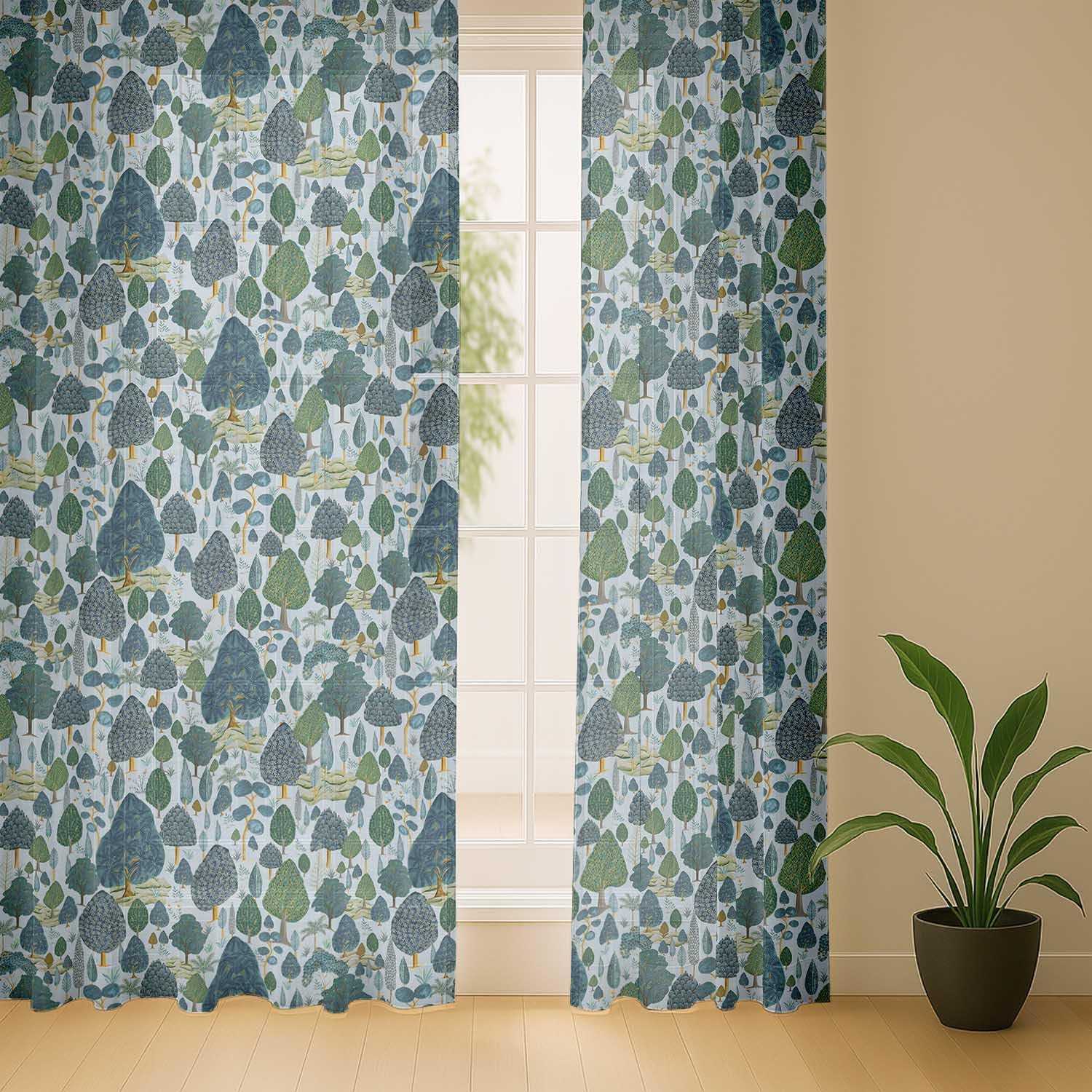 Tree Print Sheer Curtains for Short Windows – Set of 2 Panels, 63" Length, Grommet Top, Printed Georgette, Light Filtering Drapes for Kitchen or Bedroom
