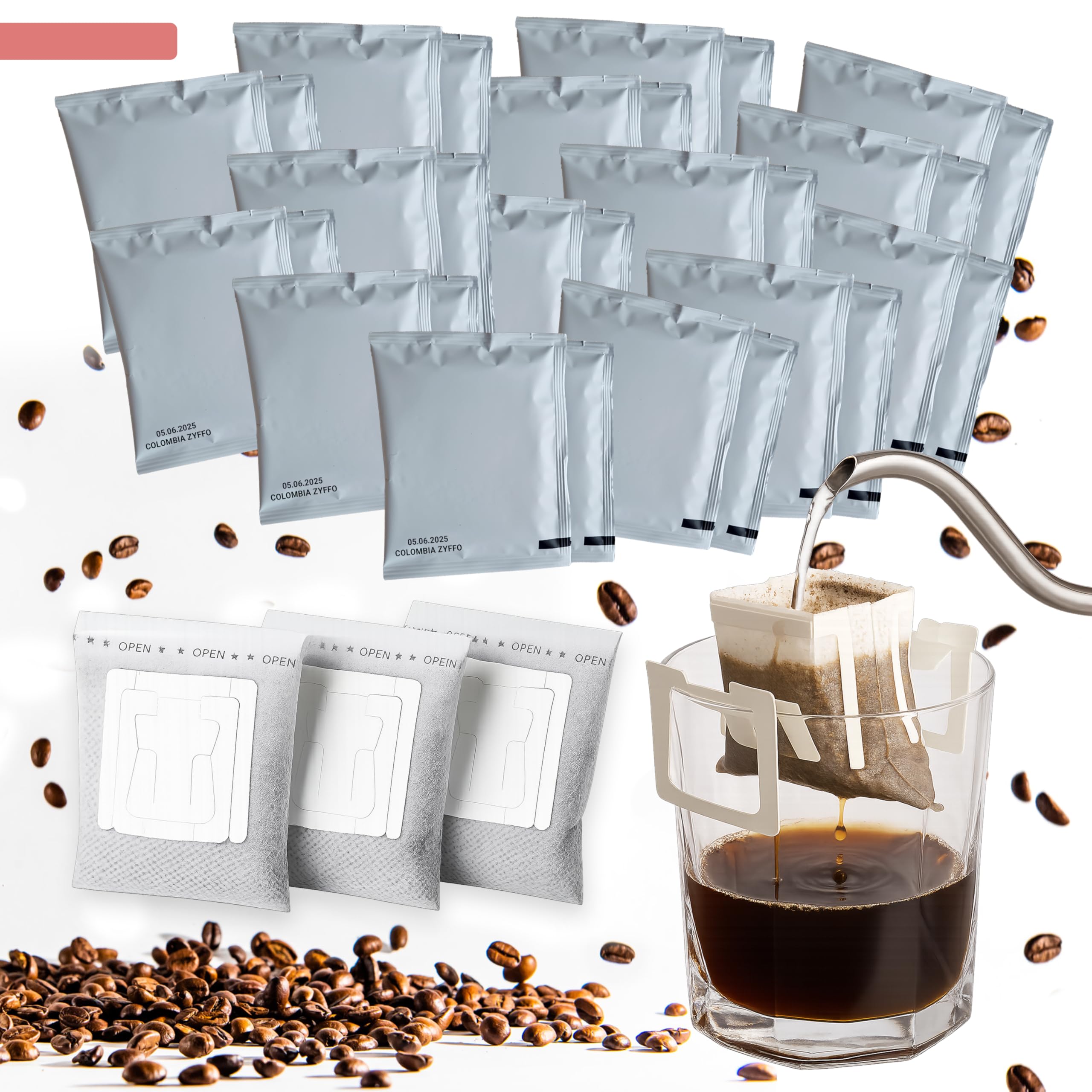 PROFISTA Drip Coffee (Colombia Zyffo Set), Bustine Caffè in Infusione - da Portare con Sé, per la Festa del Papà - Set per il Campeggio, 100% Arabica Macinato, 30 x 12 g (Colombia)
