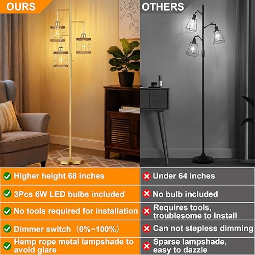 Miniatura 4 de QiMH Lámparas de pie industriales para sala de estar, lámpara de pie de árbol con regulable continuo, lámparas de 68 pulgadas de alto para Oro