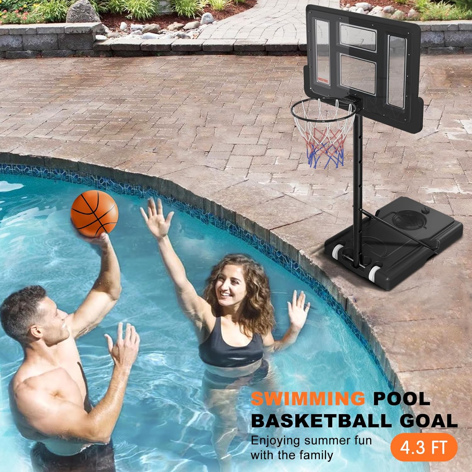 Basketball Hoop Outdoor Indoor Sport Portable PVC Backboard for Junior Teenagers Youth Adults, Adjustable 4.9-10 ft Pool Basketball Goal