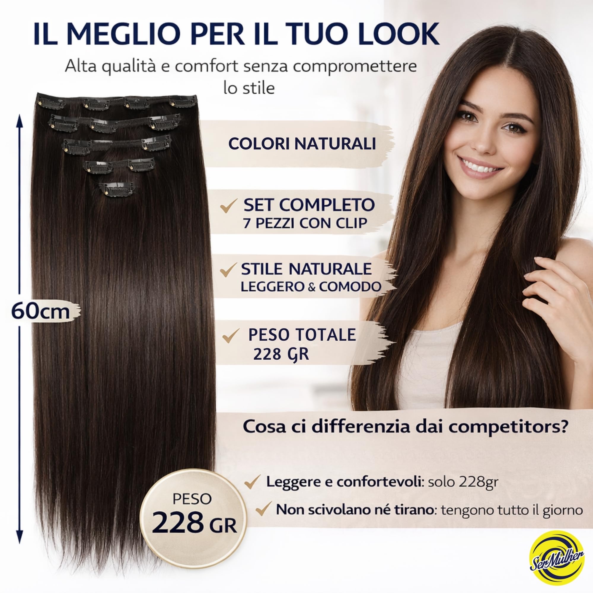 THELMA - Extensiones de pelo + clips, lisas y largas de 60 cm – 7 tejidos/7 piezas, juego para alargar y dar volumen, ligero y suave, fácil aplicación, peso 228 g (rubio natural)