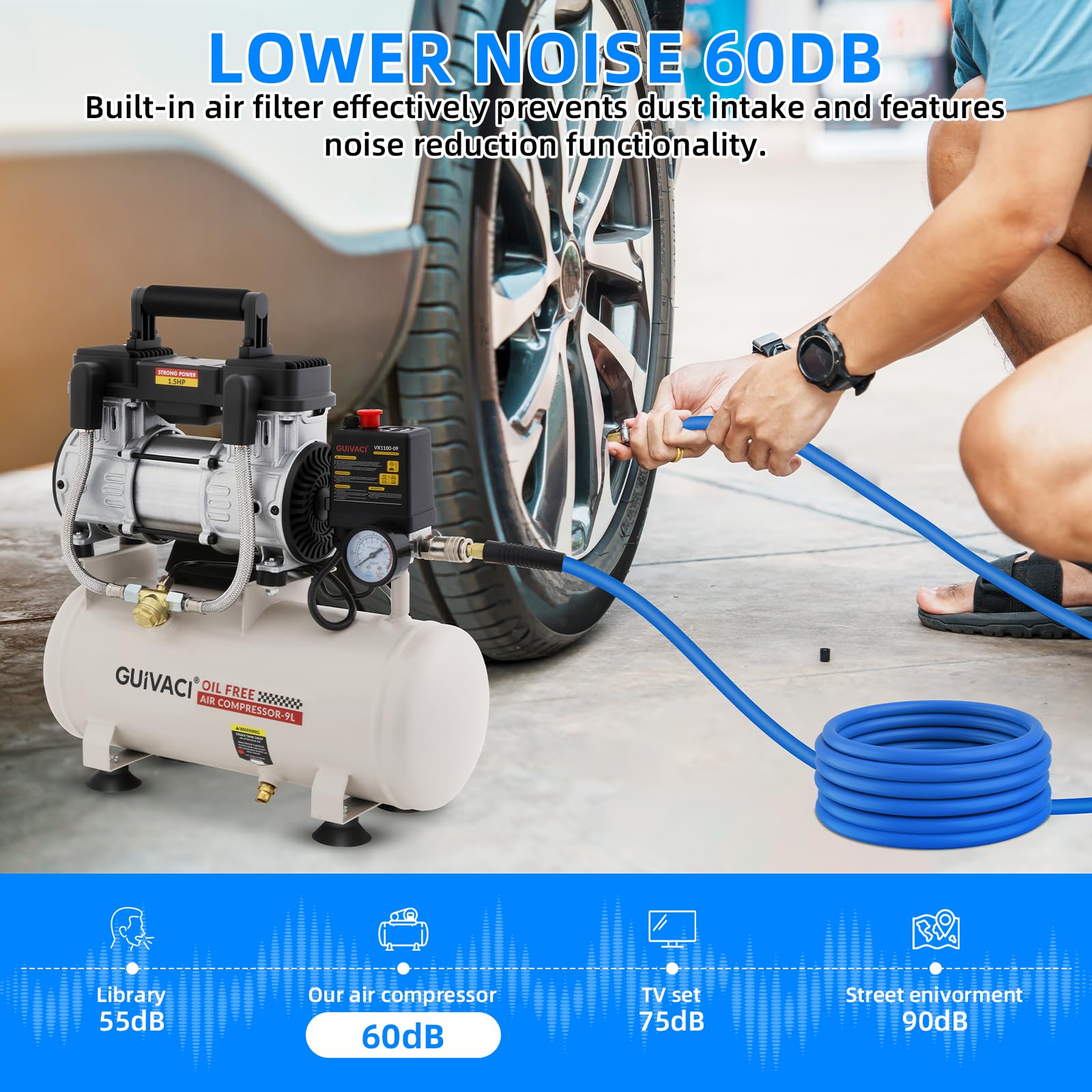 Compresor silencioso, 9 L, sin aceite, 1100 W (1,5 CV), máx. 8 bar, 190 l/min, 60 dB, con manguera de aire de 10 m, compresor silencioso para taller, coche y pintura